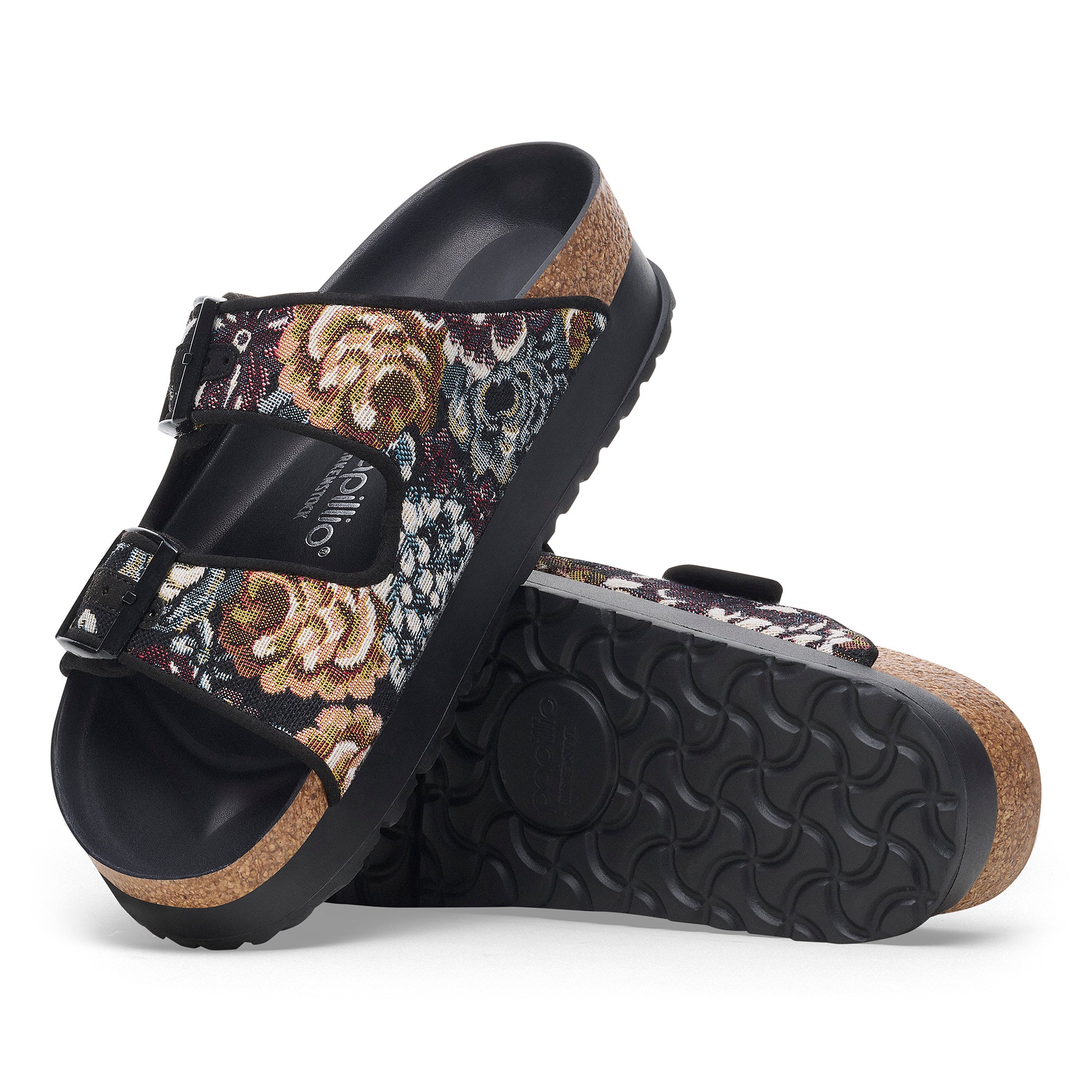 Papillio Arizona Platform black brocade textile by Birkenstock