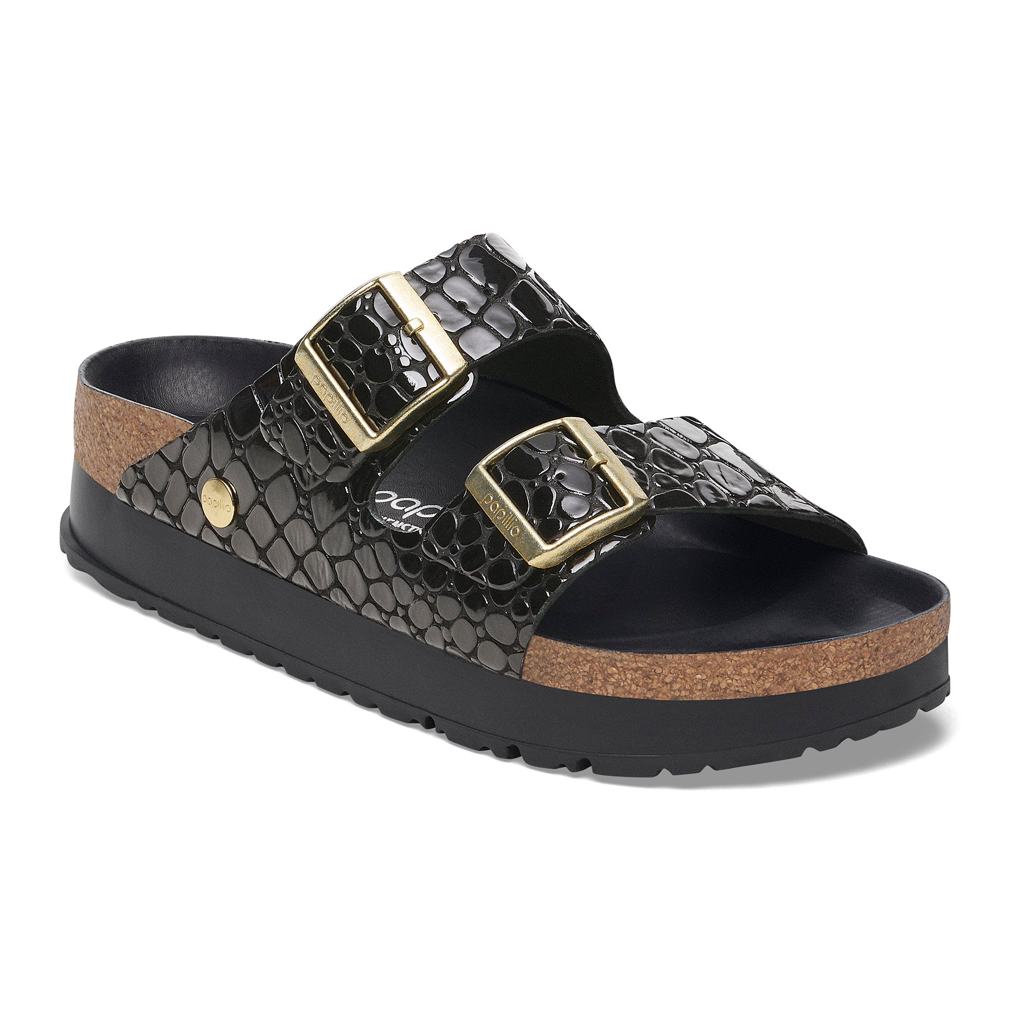 Papillio Arizona Platform crocodile embossed black leather