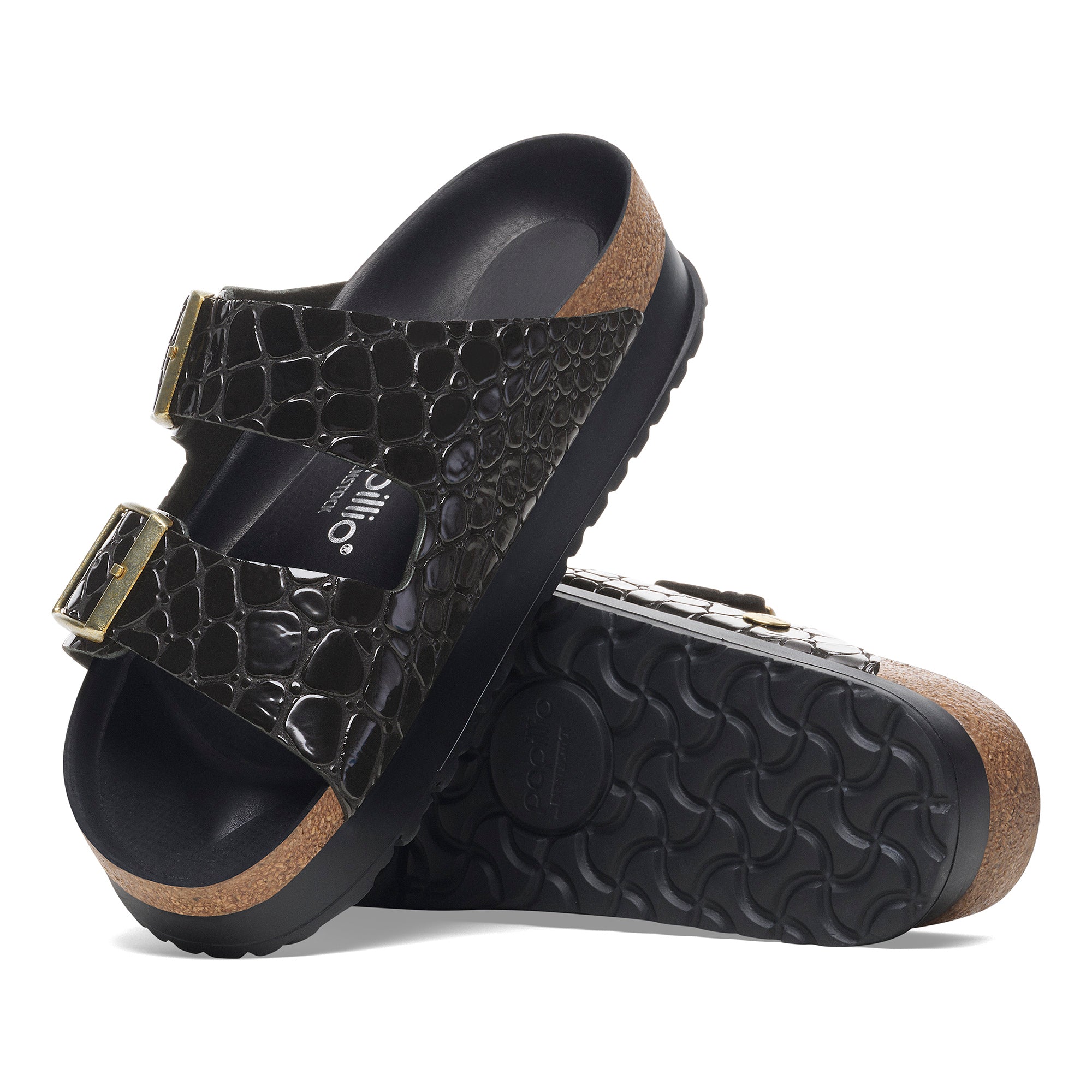 Papillio Arizona Platform crocodile embossed black leather