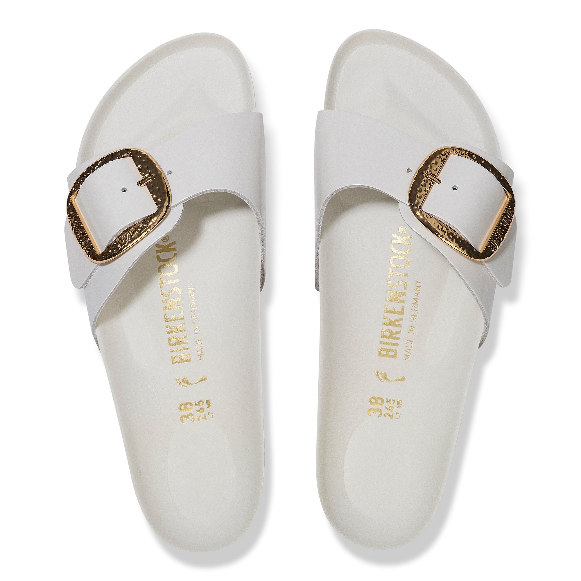 Birkenstock Madrid Hammered Big Buckle high shine antique white leather
