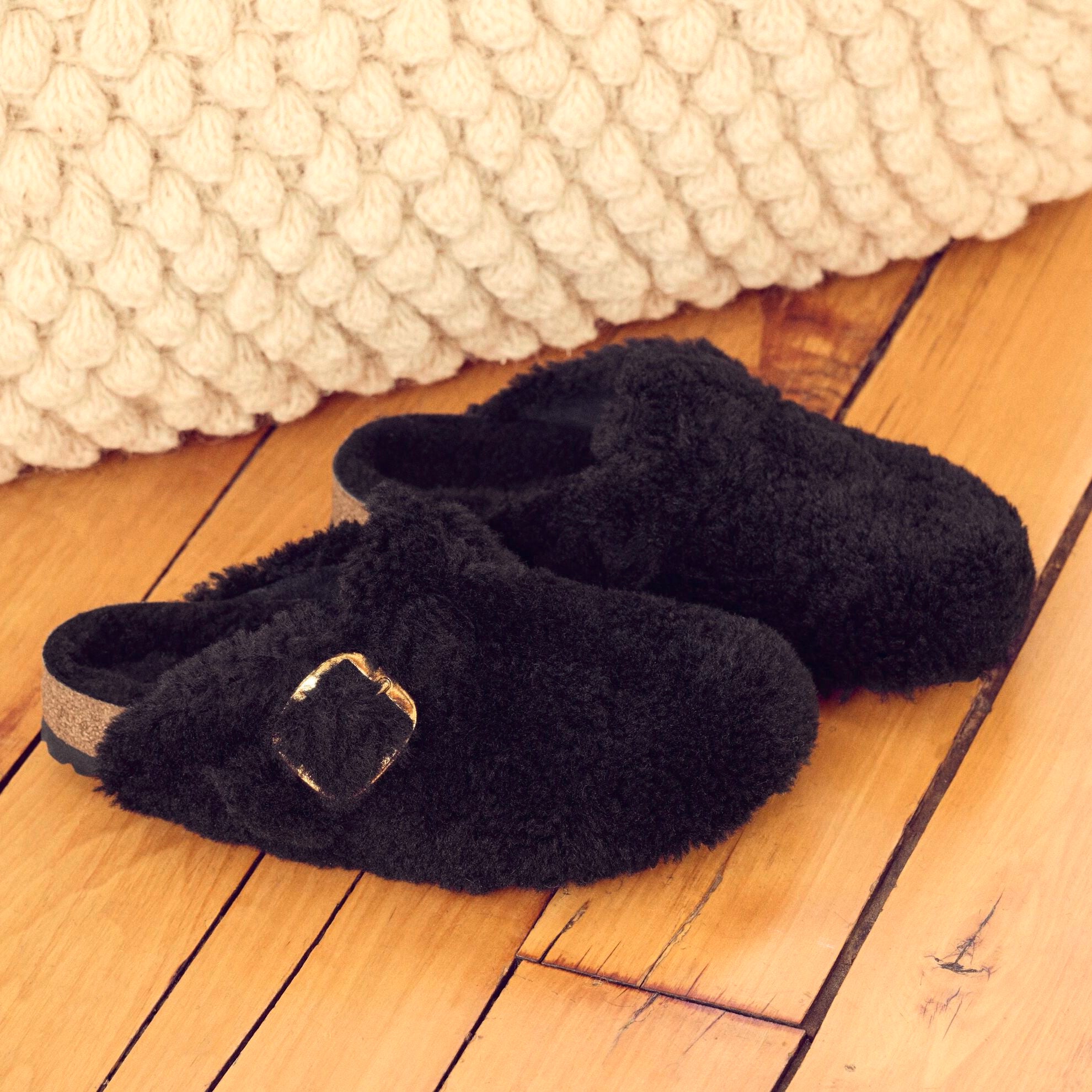 Birkenstock Boston Big Buckle Shearling teddy black shearling