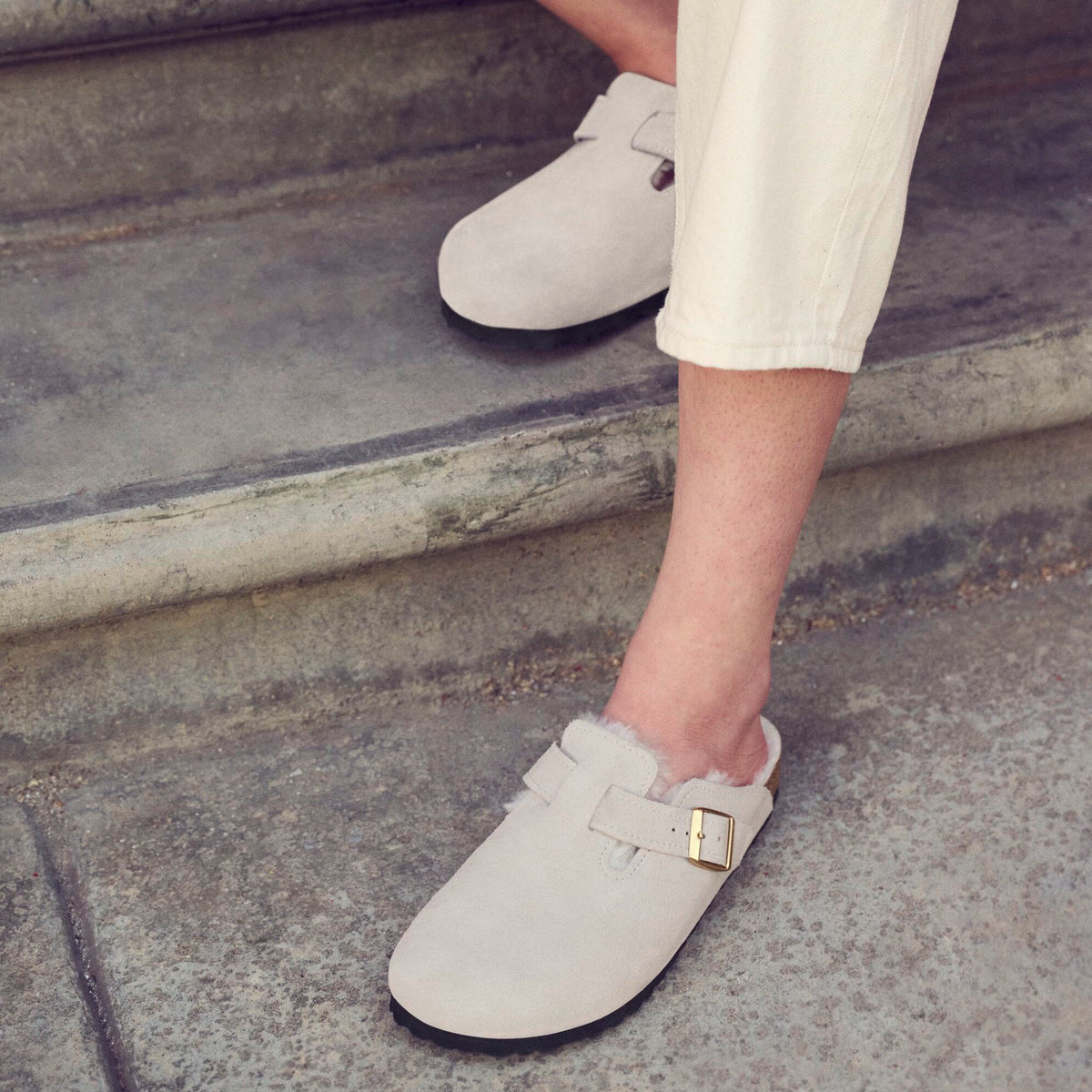 Birkenstock Boston Shearling antique white suede/white shearling