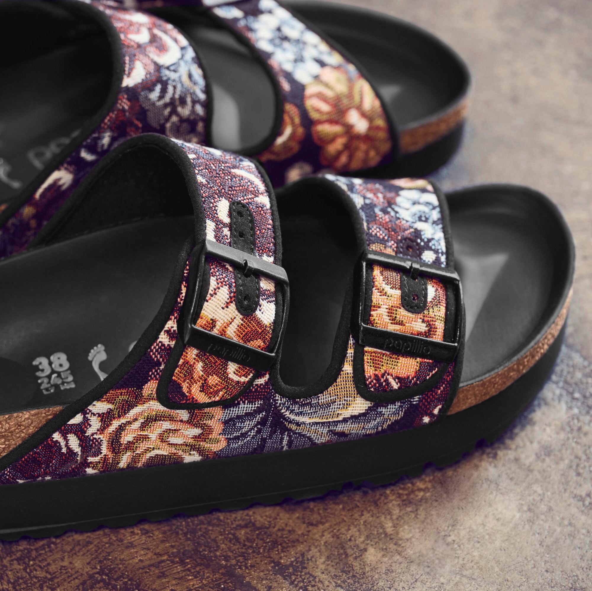 Papillio Arizona Platform black brocade textile by Birkenstock