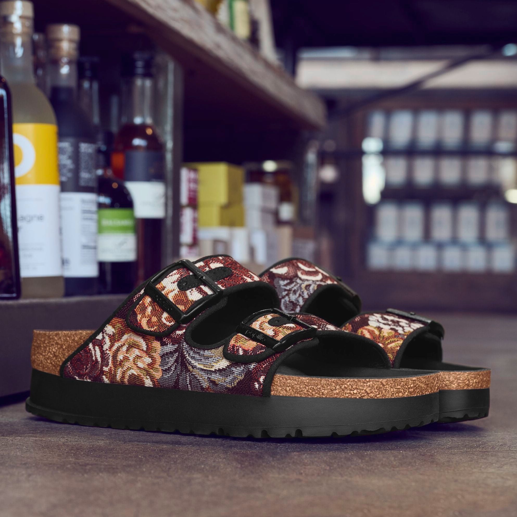 Papillio Arizona Platform black brocade textile by Birkenstock