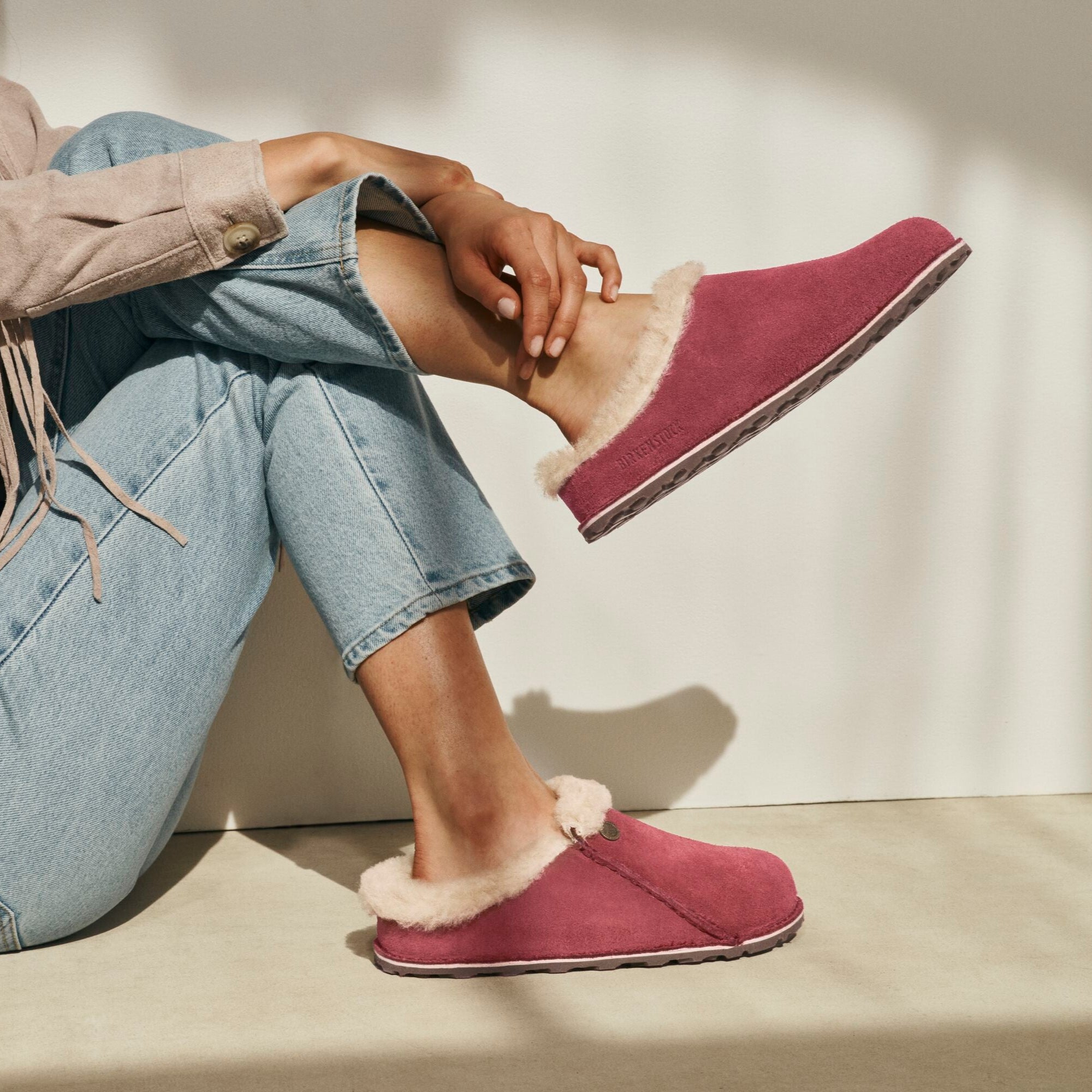 Birkenstock Zermatt Premium zinfandel suede/natural shearling with rubber/cork sole