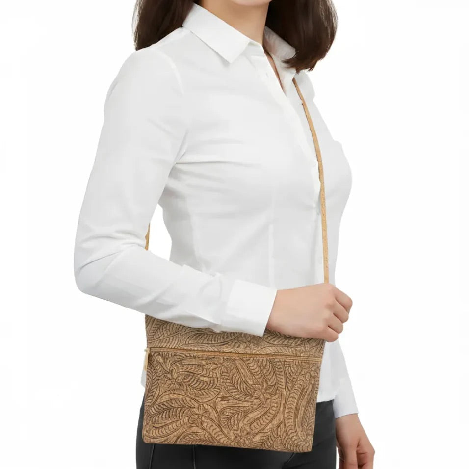 Natalie Therese Zip Top Crossbody with Zip Pocket paisley embossed cork