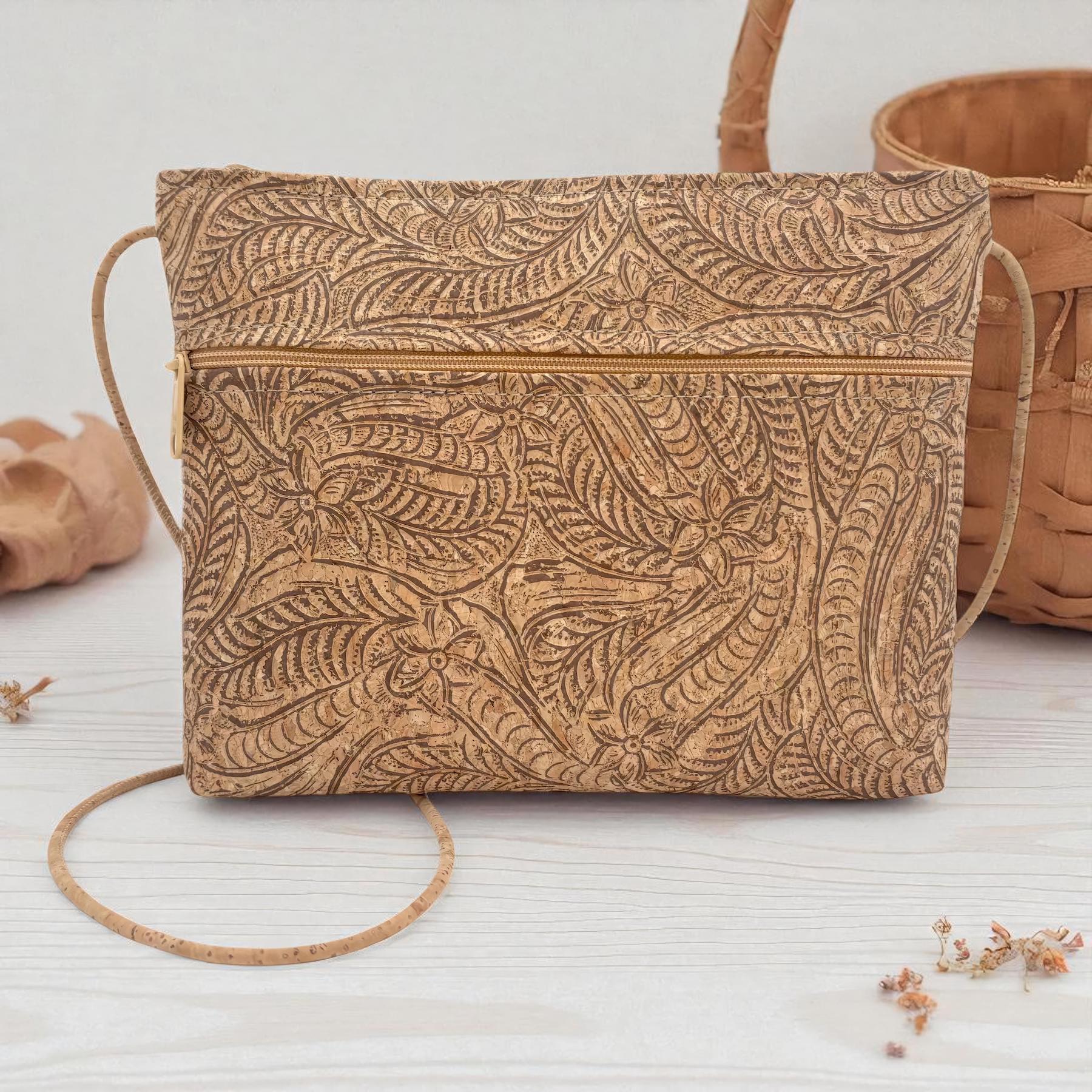 Natalie Therese Zip Top Crossbody with Zip Pocket paisley embossed cork