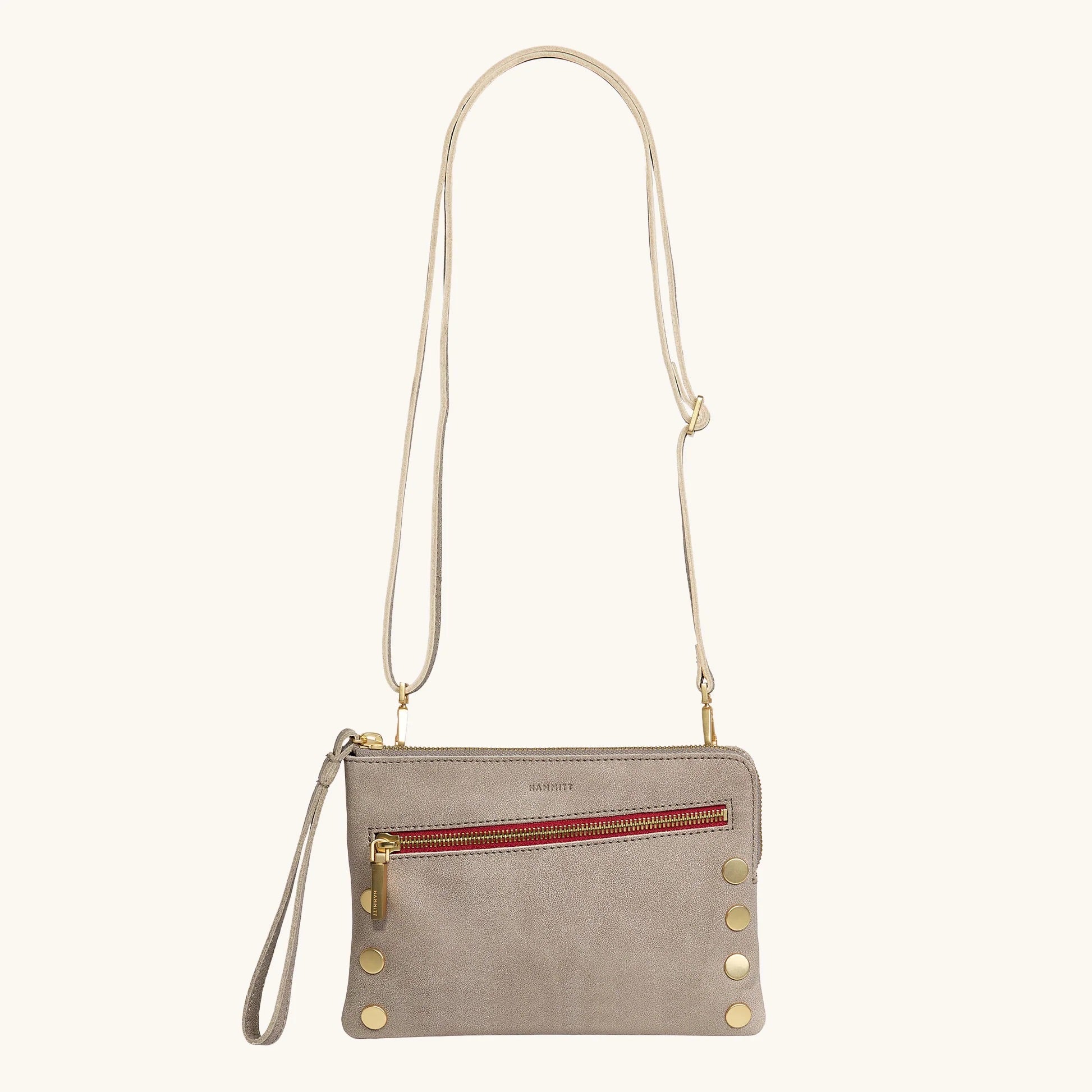 Hammitt Nash Sml Crossbody Wristlet pewter/brushed gold red zip