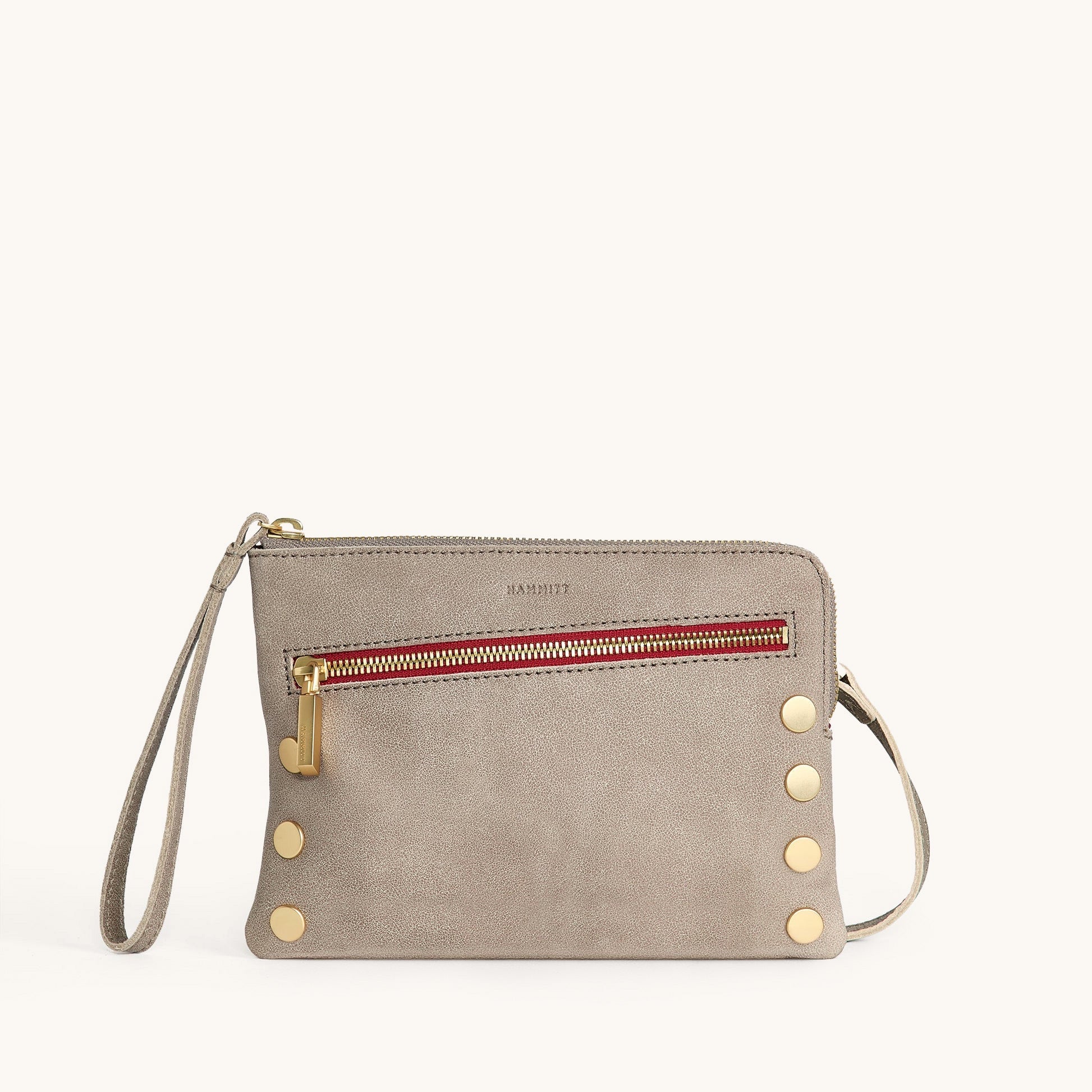 Hammitt Nash Sml Crossbody Wristlet pewter/brushed gold red zip
