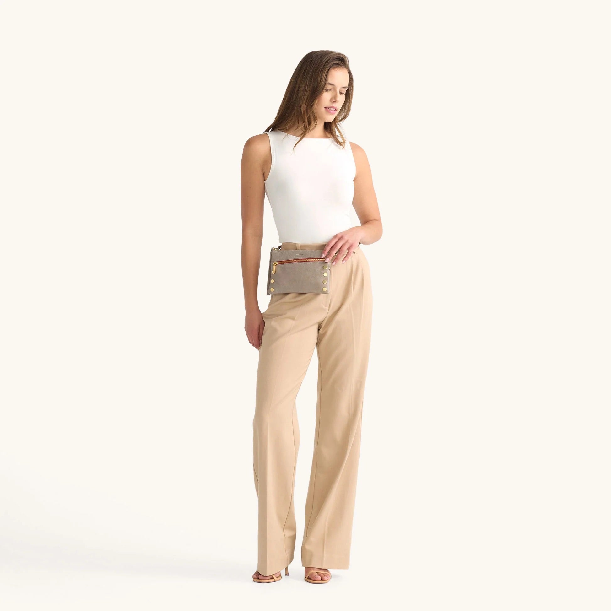 Hammitt Nash Sml Crossbody Wristlet pewter/brushed gold red zip