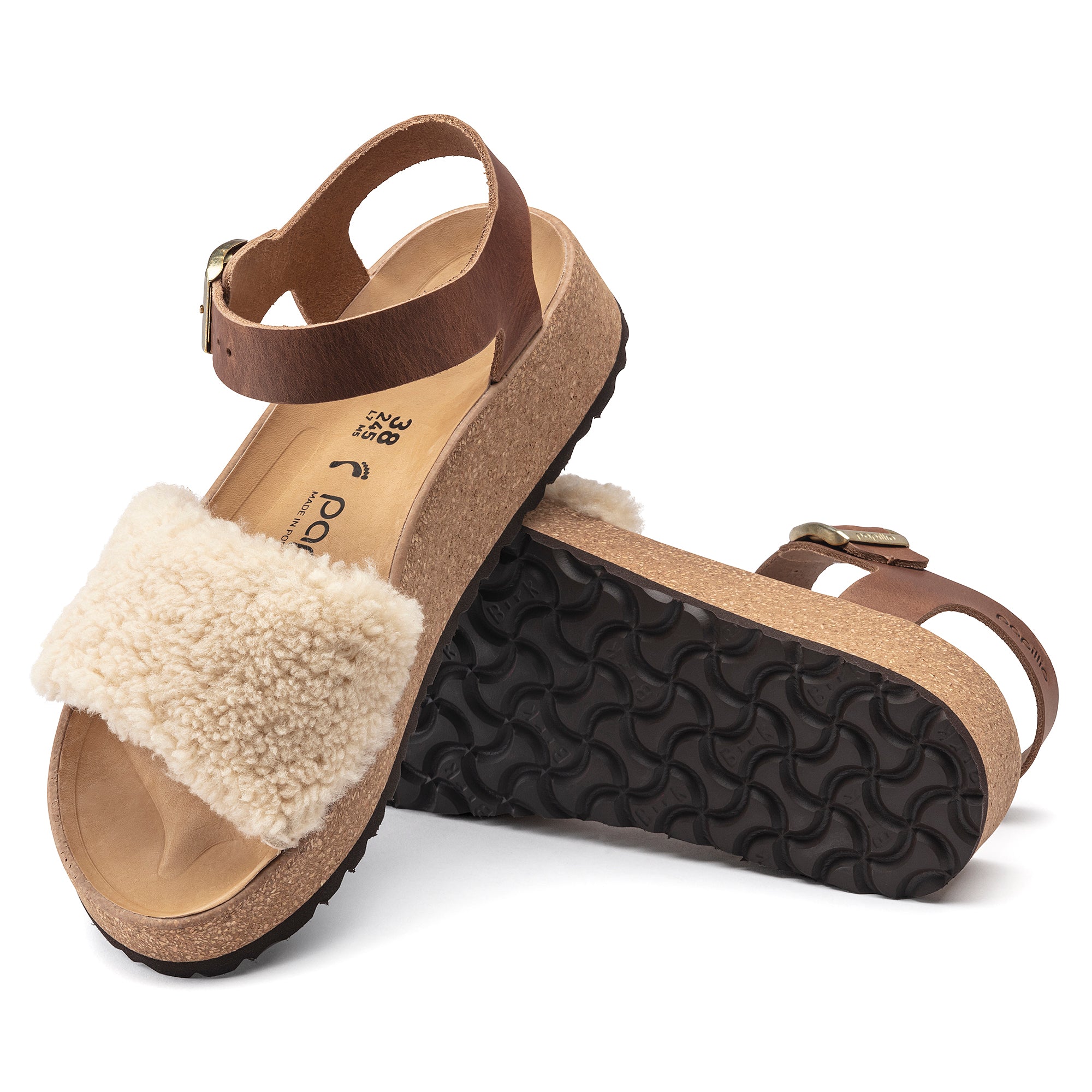 Papillio Glenda Teddy cognac leather/eggshell shearling by Birkenstock