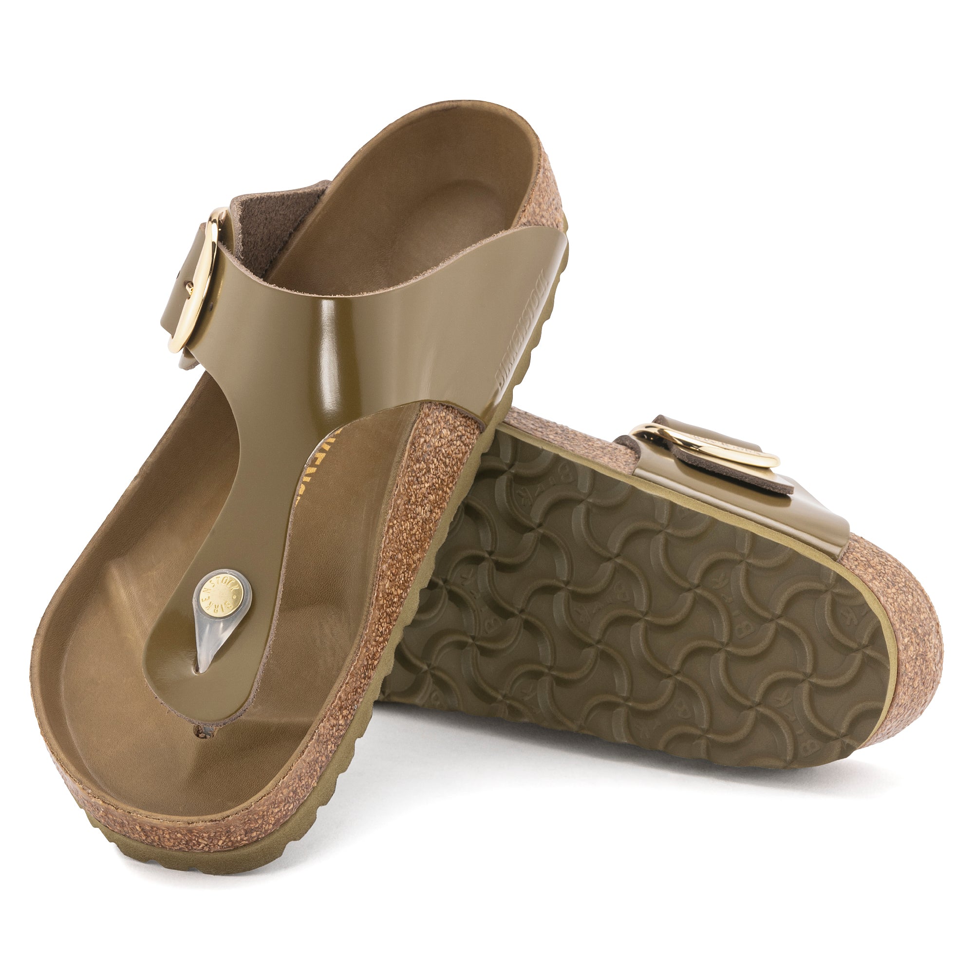 Birkenstock Limited Edition Gizeh Big Buckle high shine mud green leather