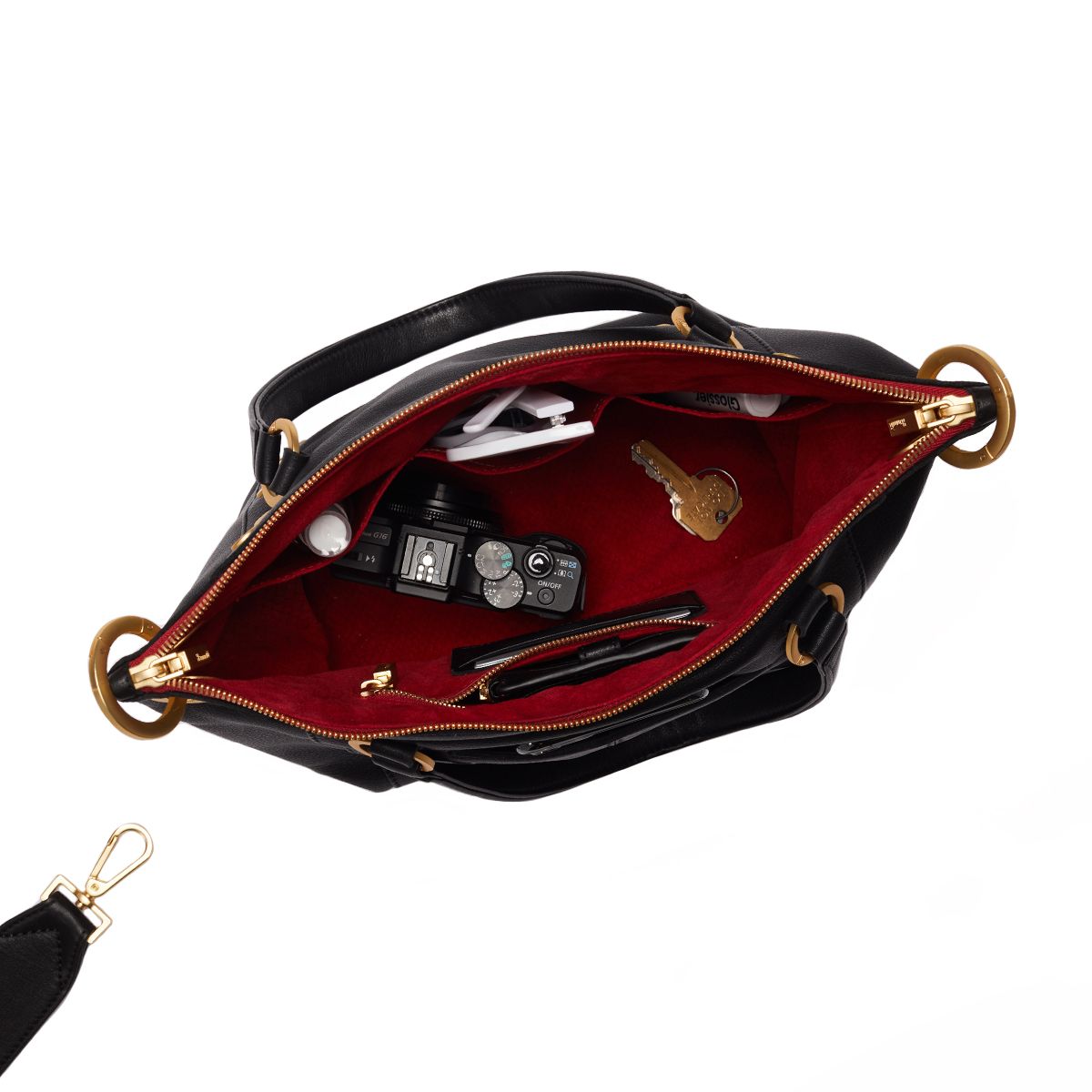 Hammitt Daniel Med Satchel black/brushed gold red zip