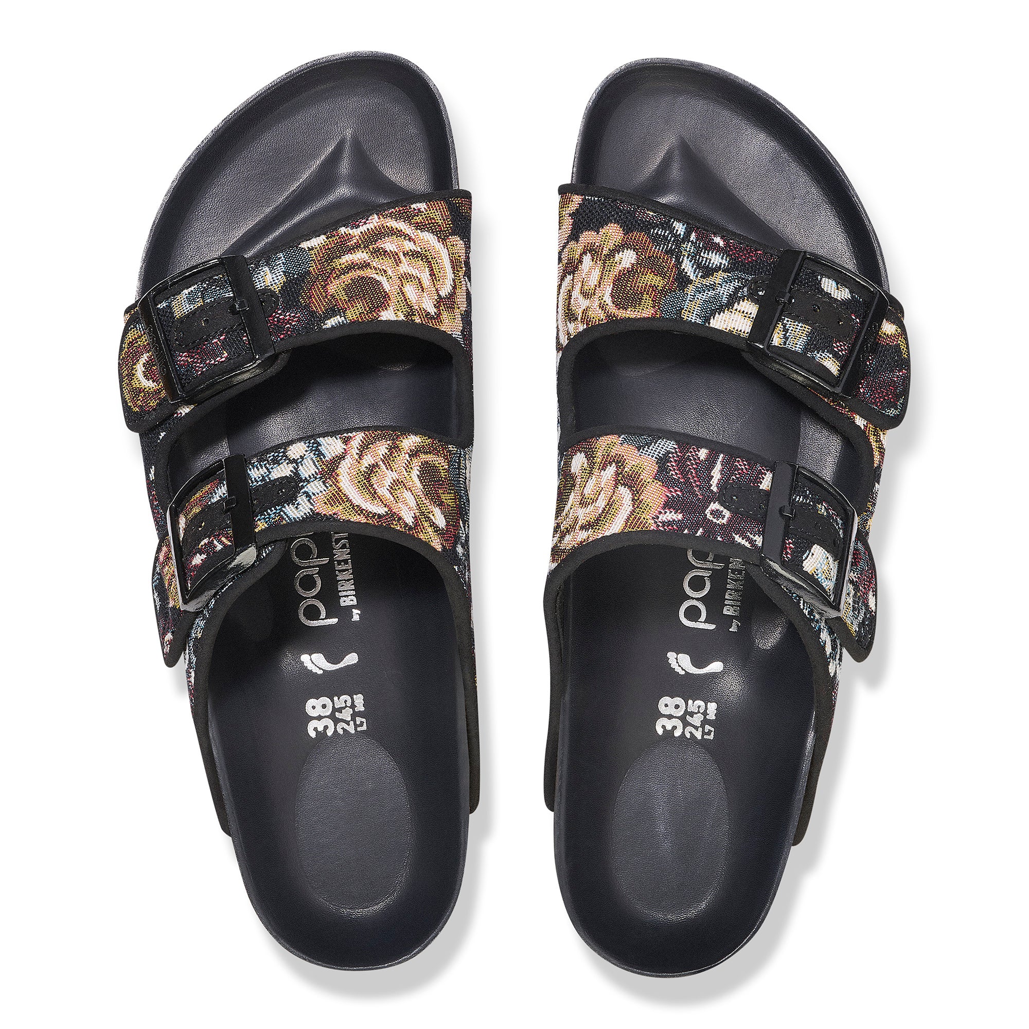 Papillio Arizona Platform black brocade textile by Birkenstock