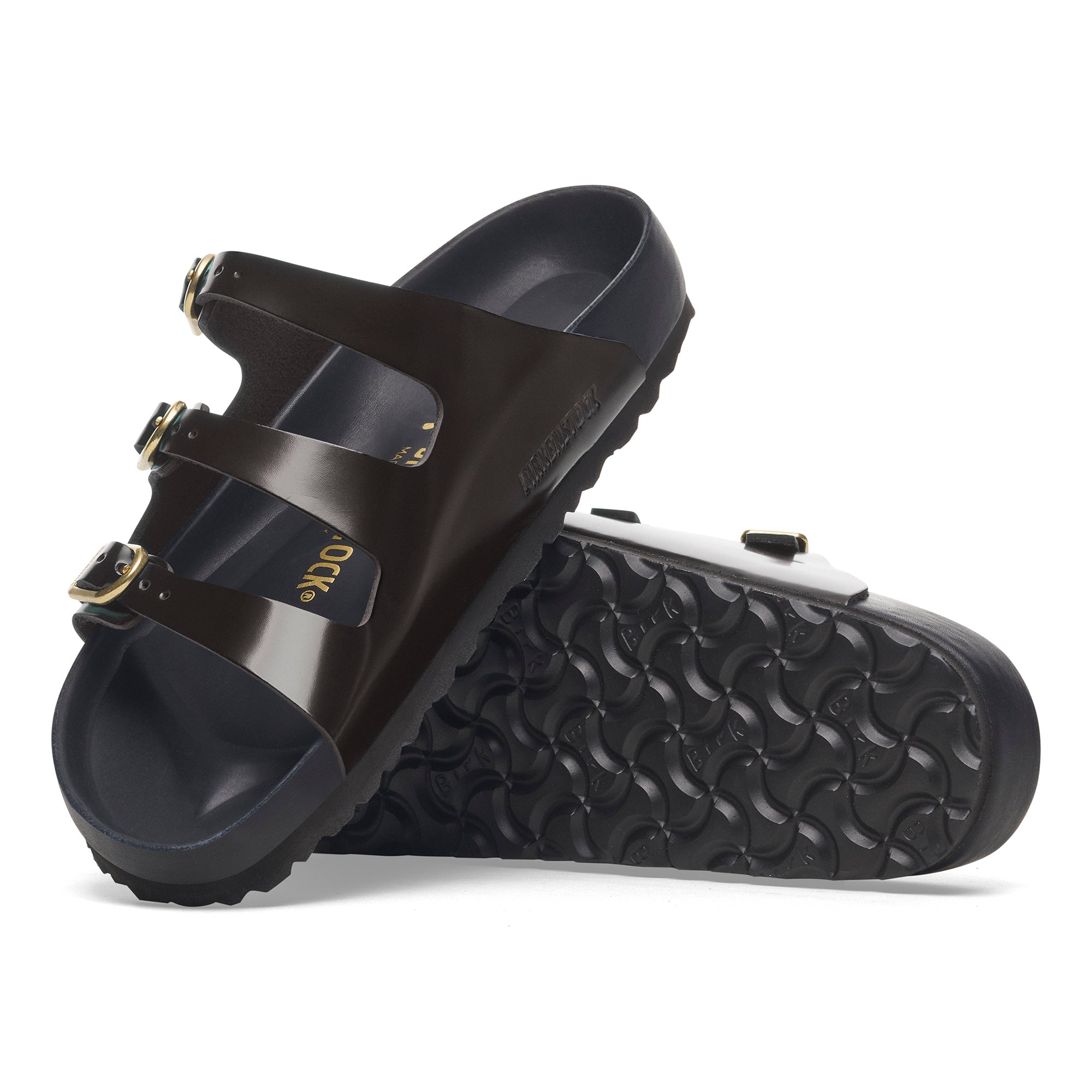 サンダル・ミュール BIRKENSTOCK Black Leather Florida Slippers Birkenstock Florida Exquisite high shine black leather