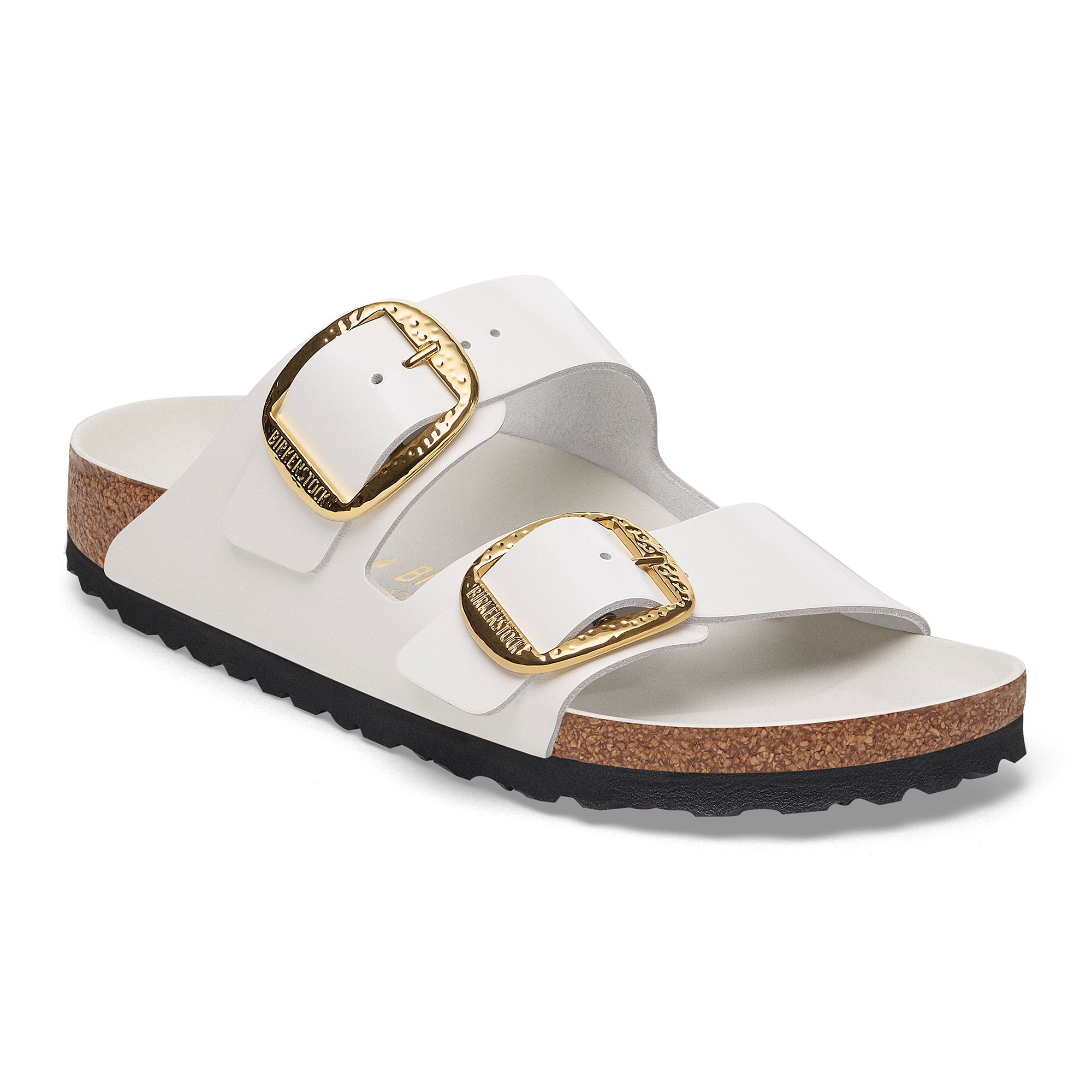 Birkenstock Arizona Hammered Big Buckle high shine antique white leather