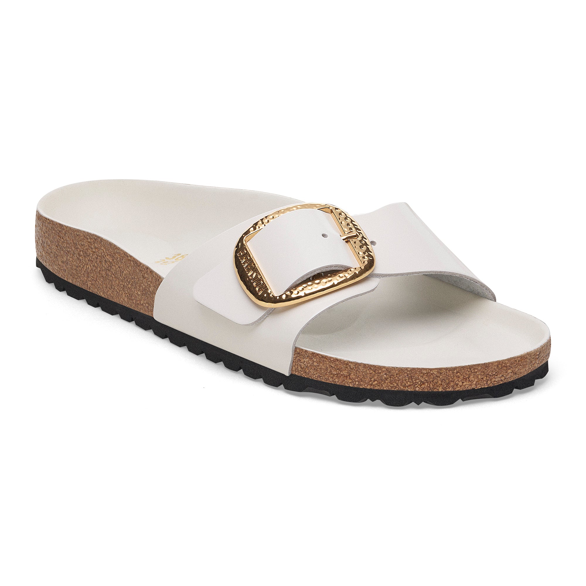 Birkenstock Madrid Hammered Big Buckle high shine antique white leather
