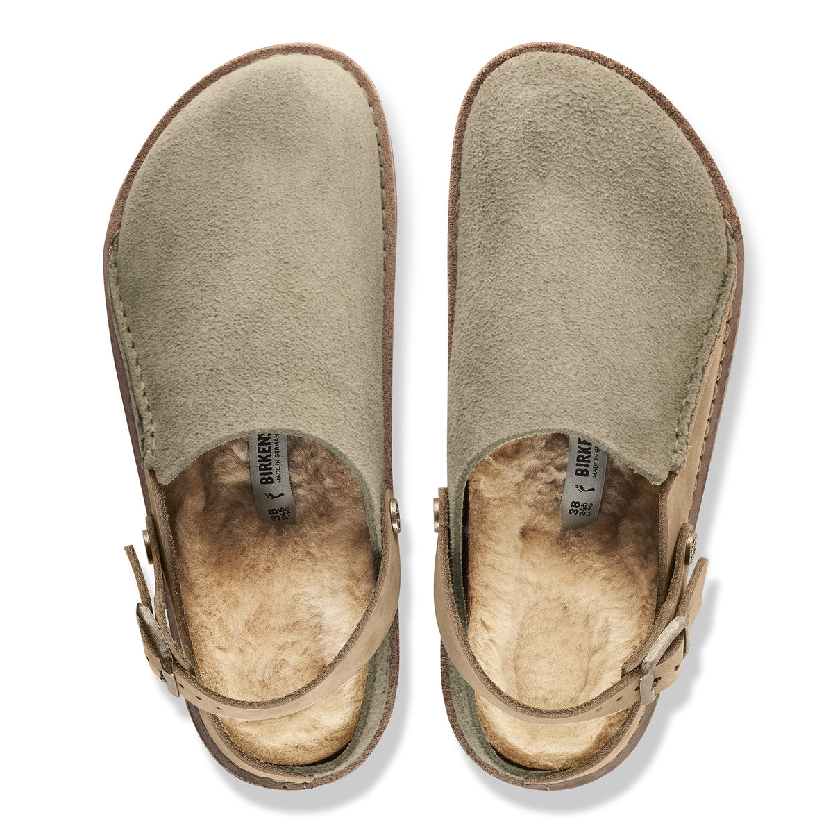 Birkenstock Lutry Shearling Split taupe nubuck/suede sandcastle shearling