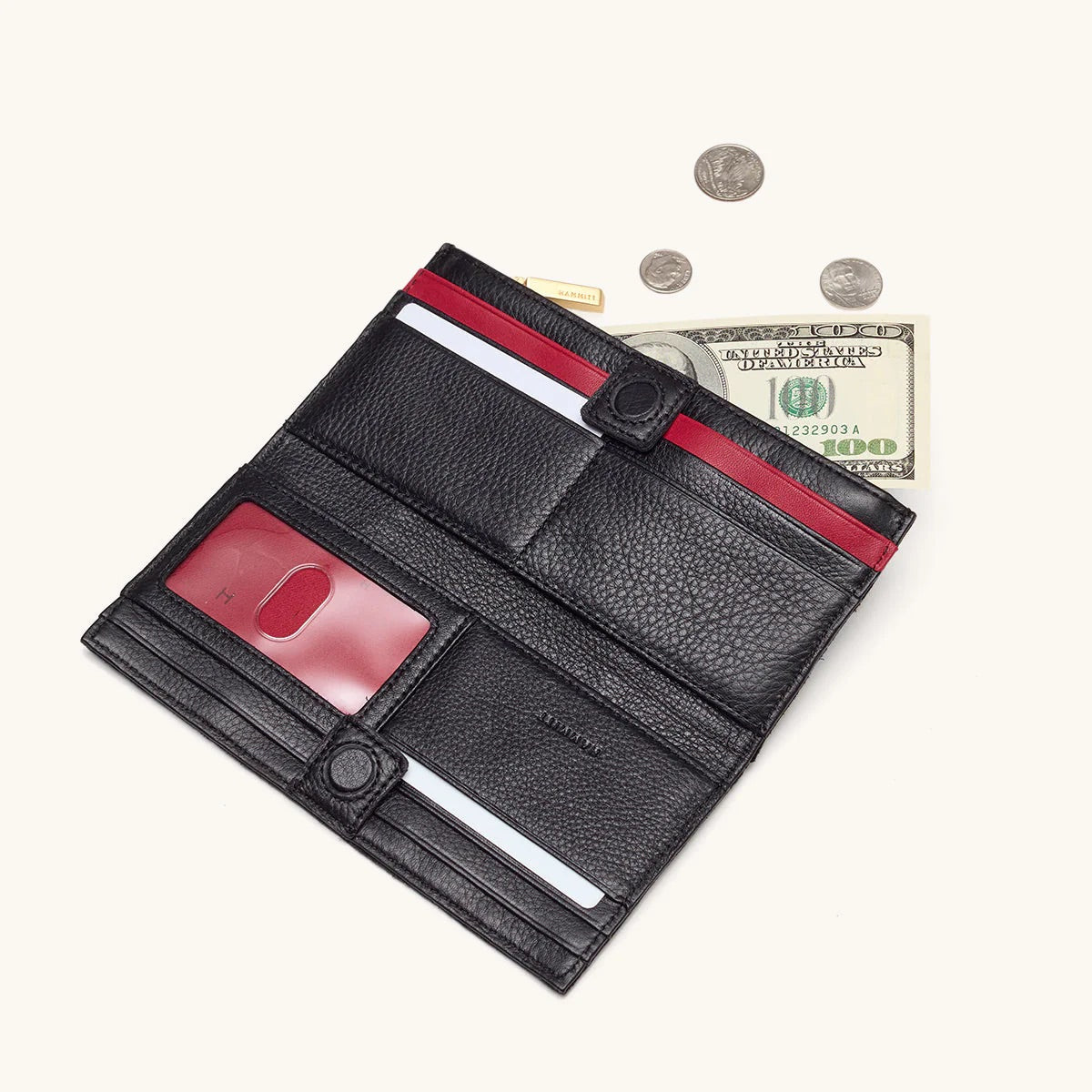 Hammitt 110 North Wallet black/brushed gold red zip