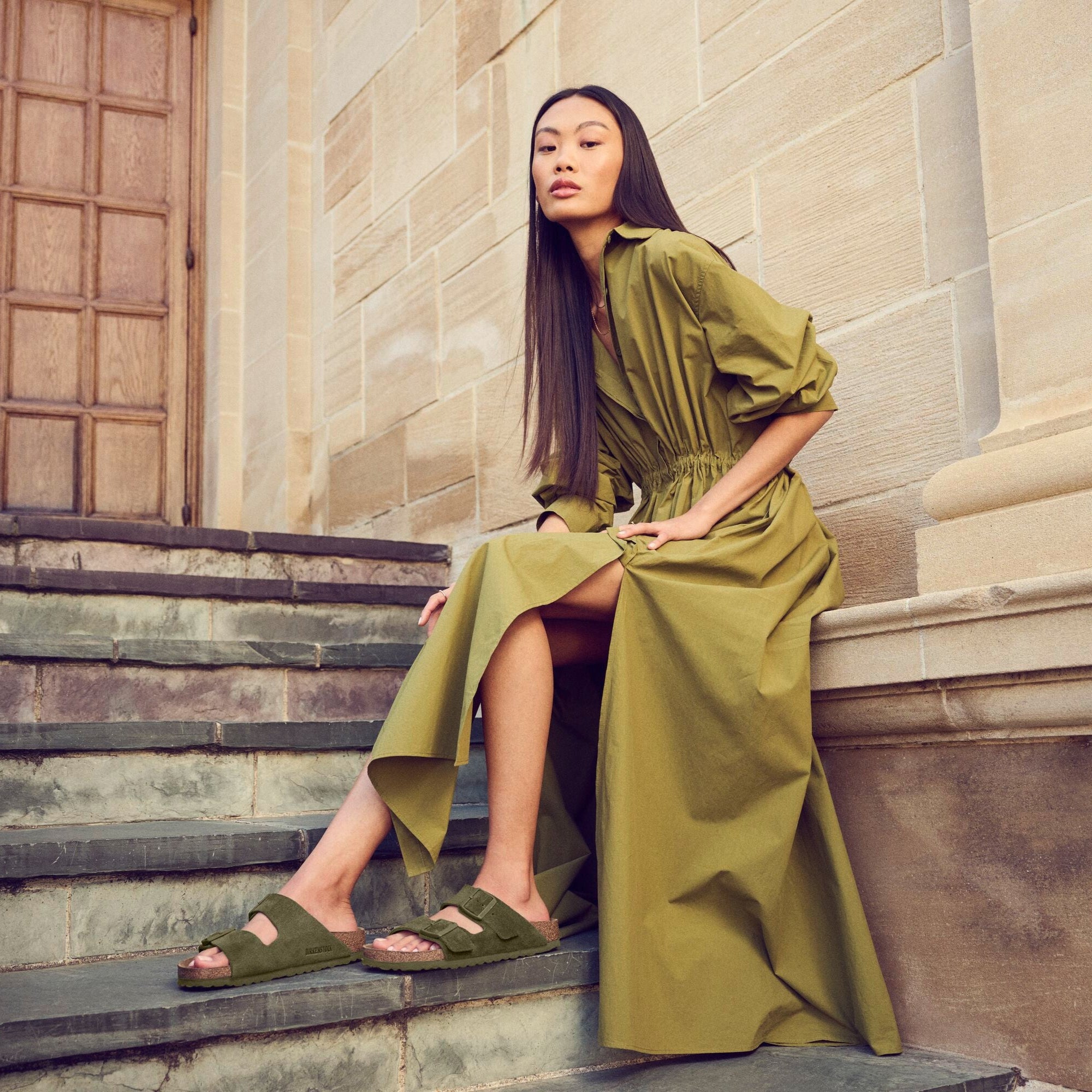 Birkenstock Arizona thyme suede with green sole