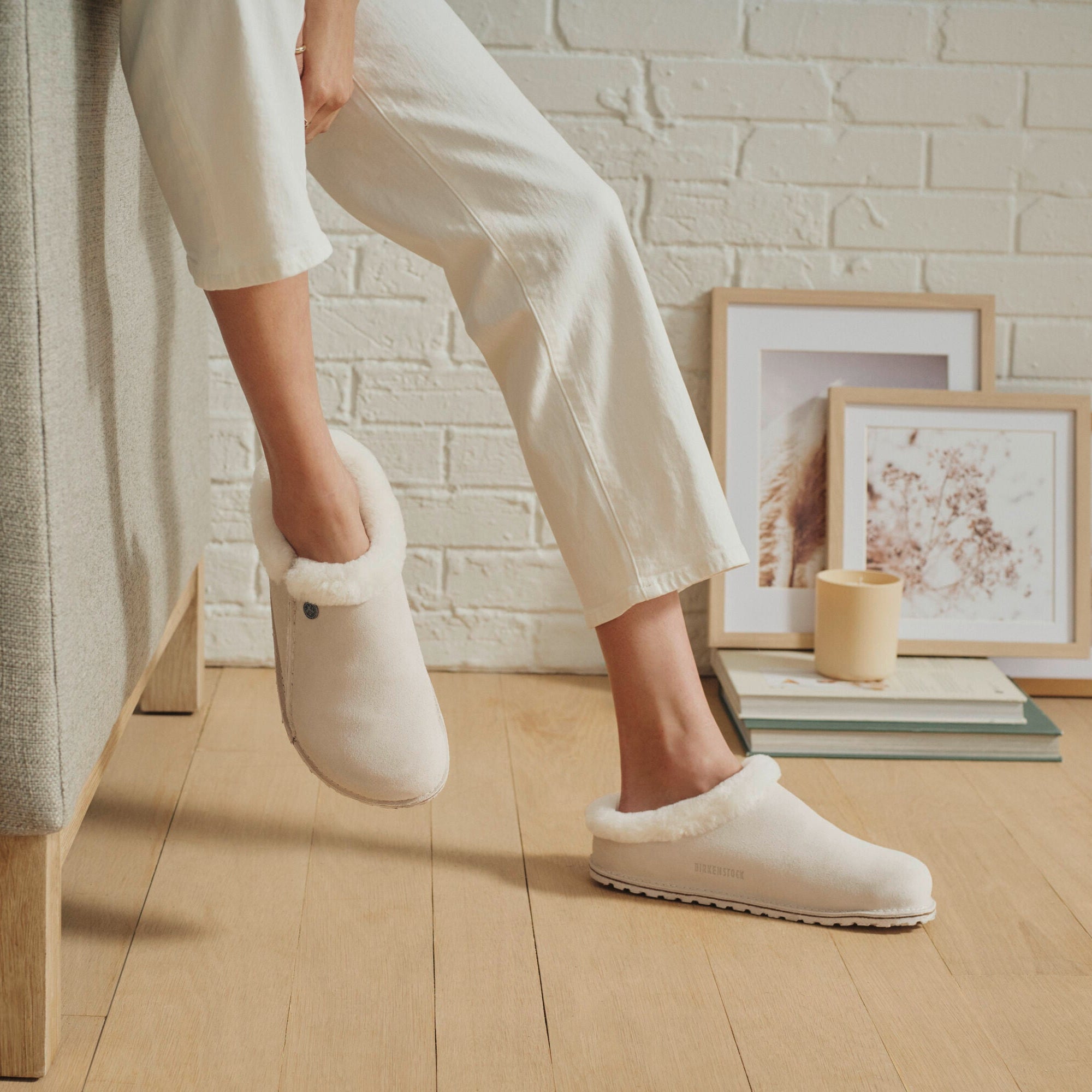 Birkenstock Zermatt Premium antique white suede/natural shearling with rubber/cork sole