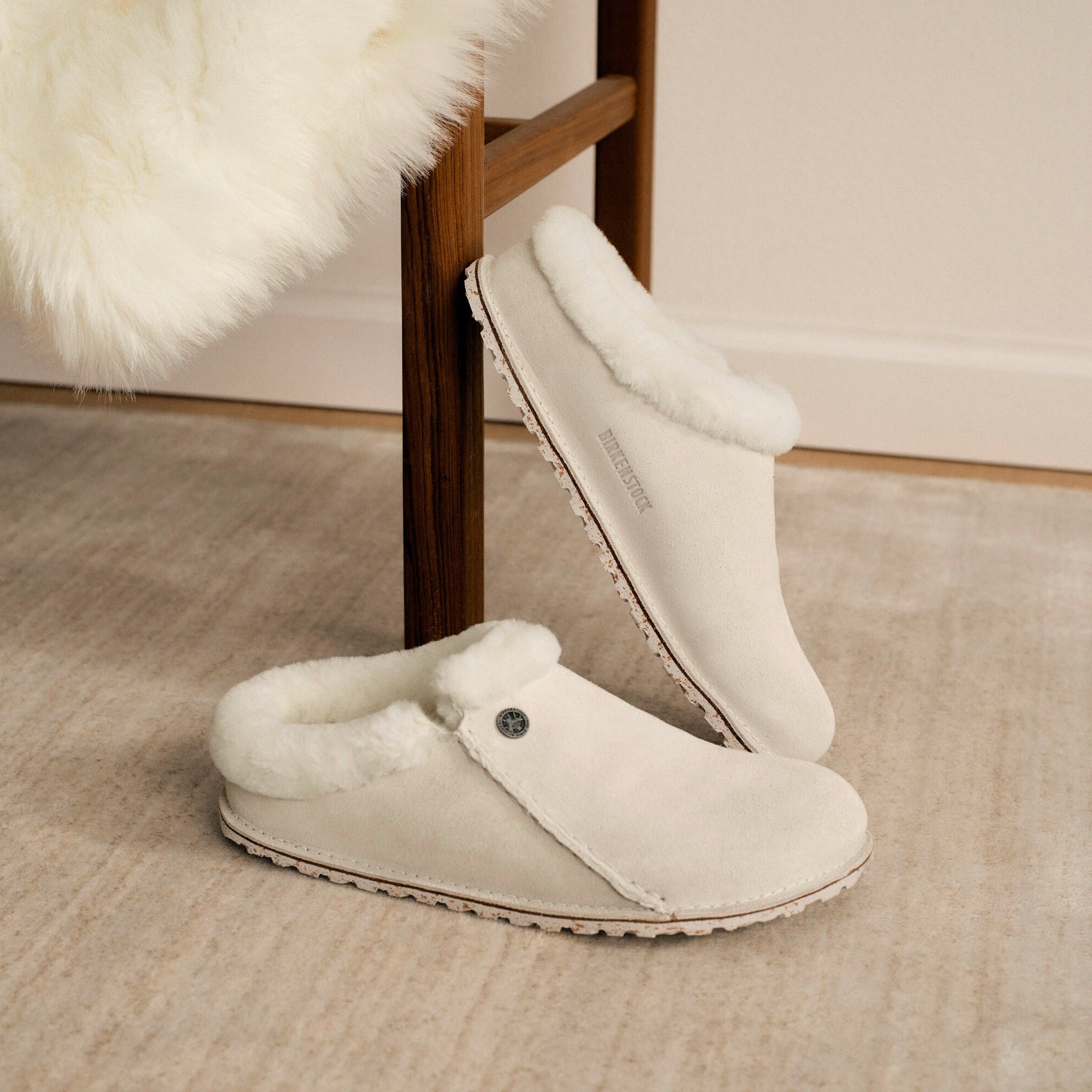 Birkenstock Zermatt Premium antique white suede/natural shearling with rubber/cork sole