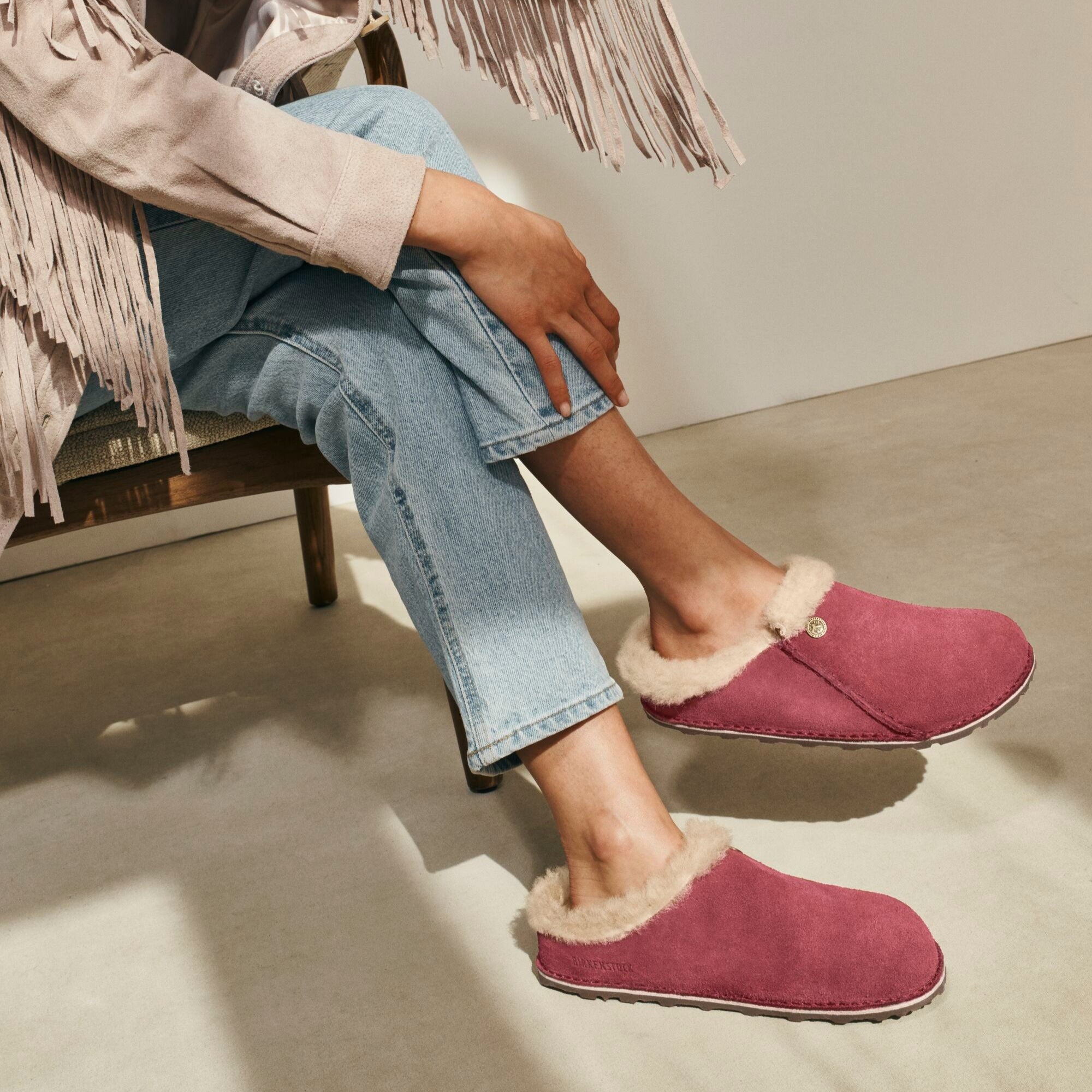 Birkenstock Zermatt Premium zinfandel suede/natural shearling with rubber/cork sole