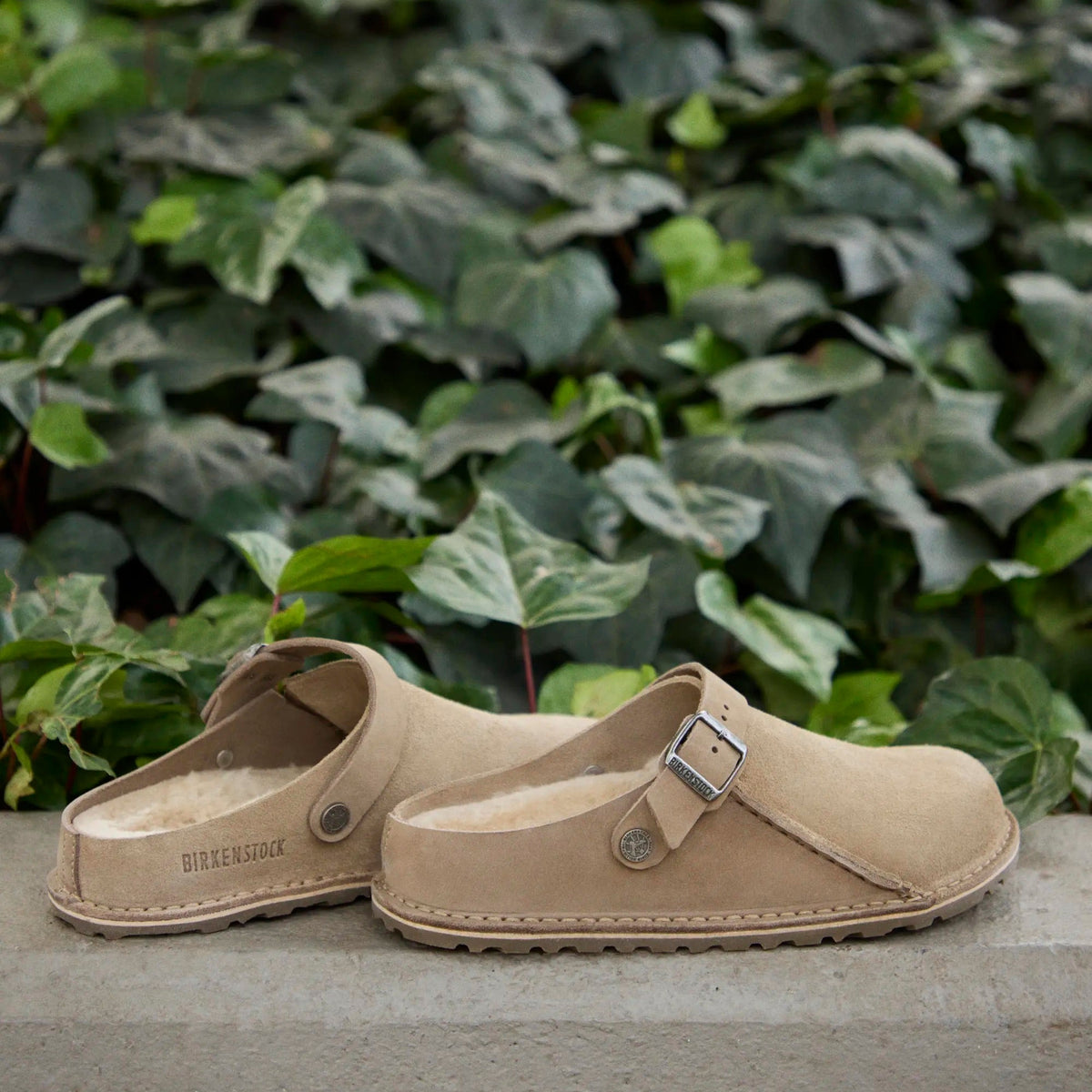 Birkenstock Lutry Shearling Split taupe nubuck/suede sandcastle shearling