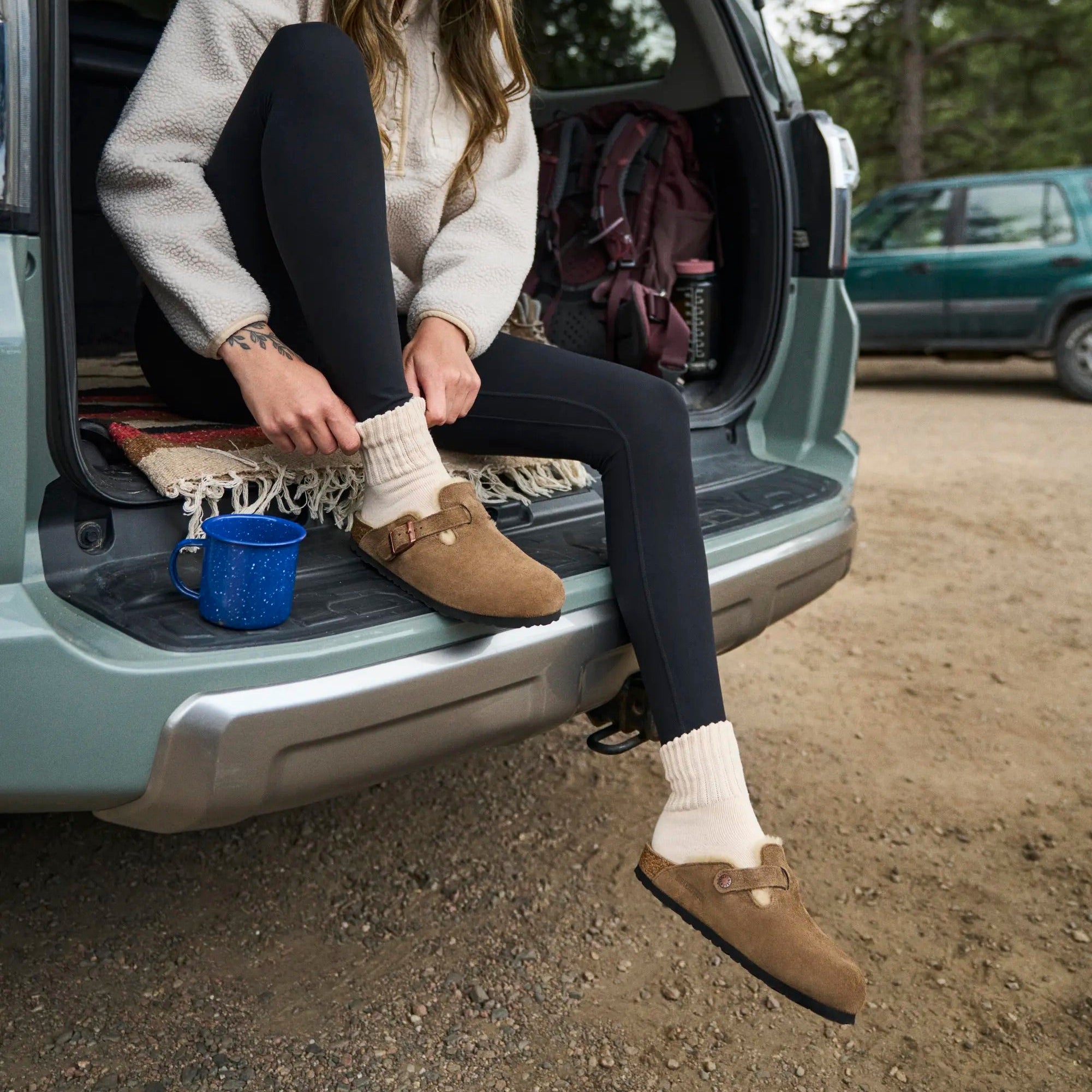Birkenstock Boston Shearling dark tea suede/sandcastle shearling