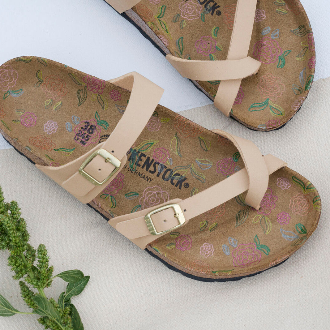 Birkenstock Mayari flower print footbed sandcastle Birko-Flor