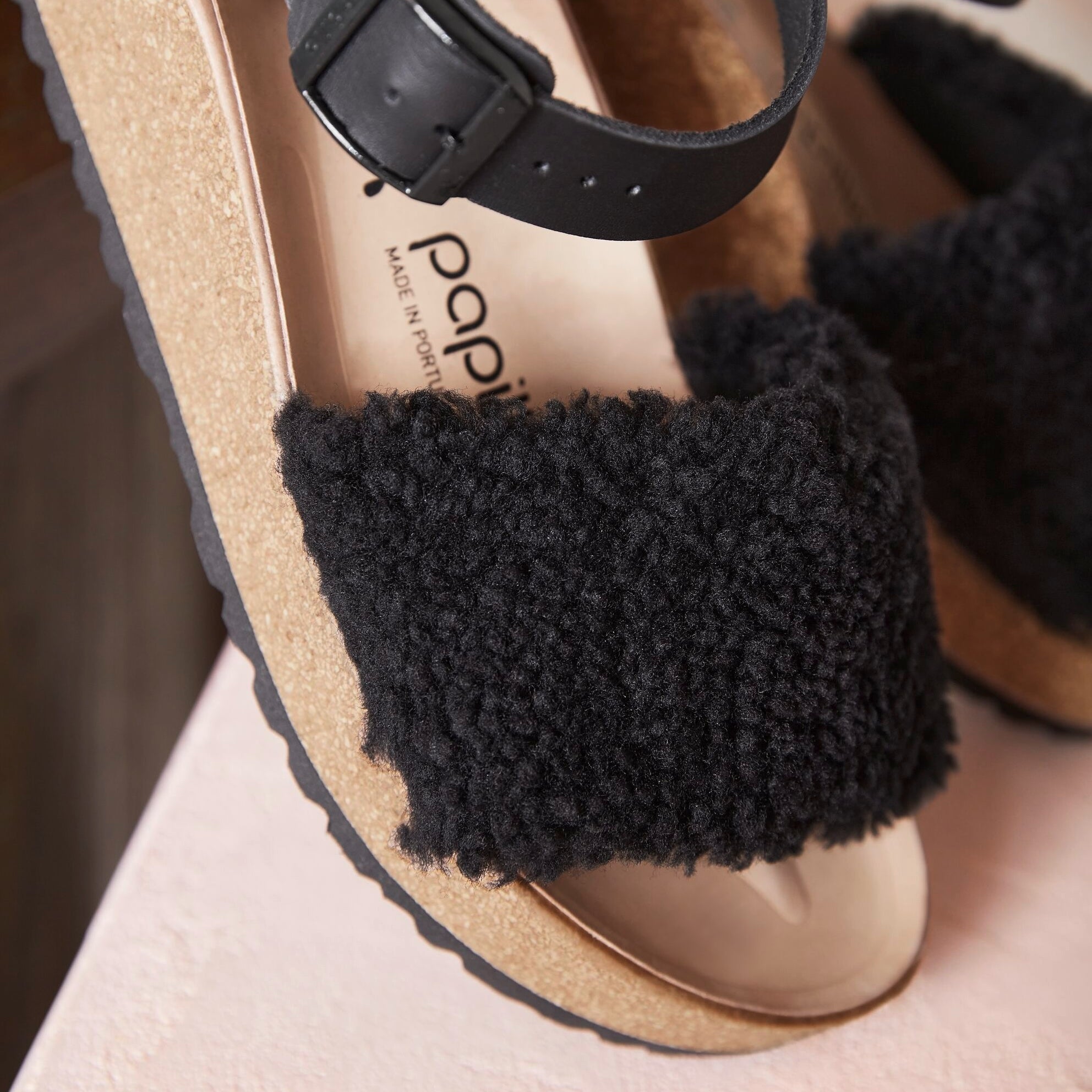 Papillio Glenda Teddy black leather/black shearling by Birkenstock
