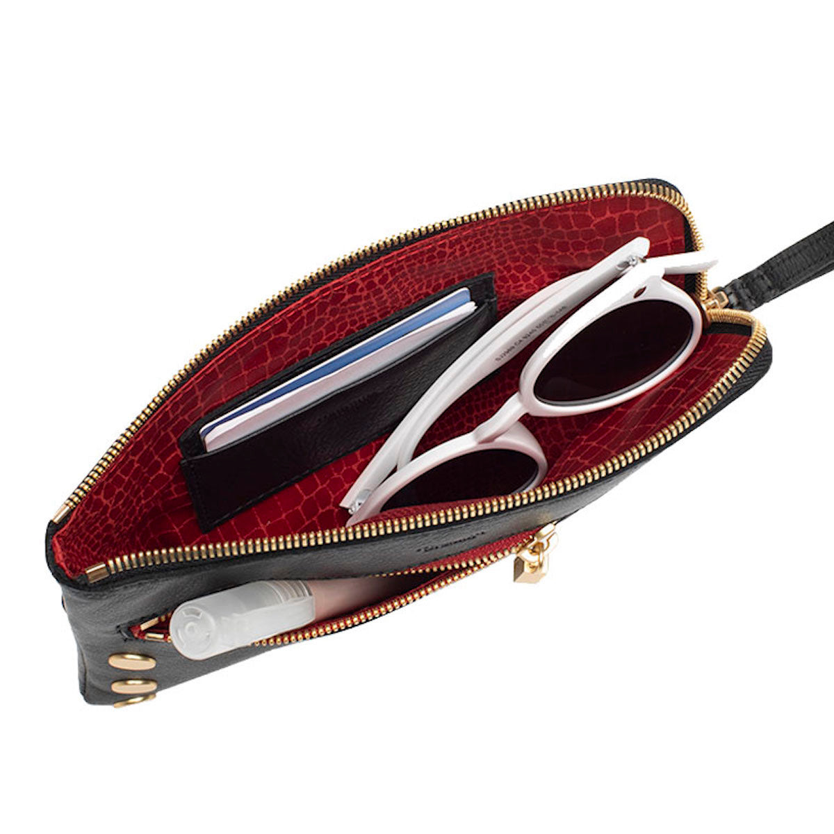 Hammitt Nash Sml Crossbody Wristlet black/brushed gold red zip