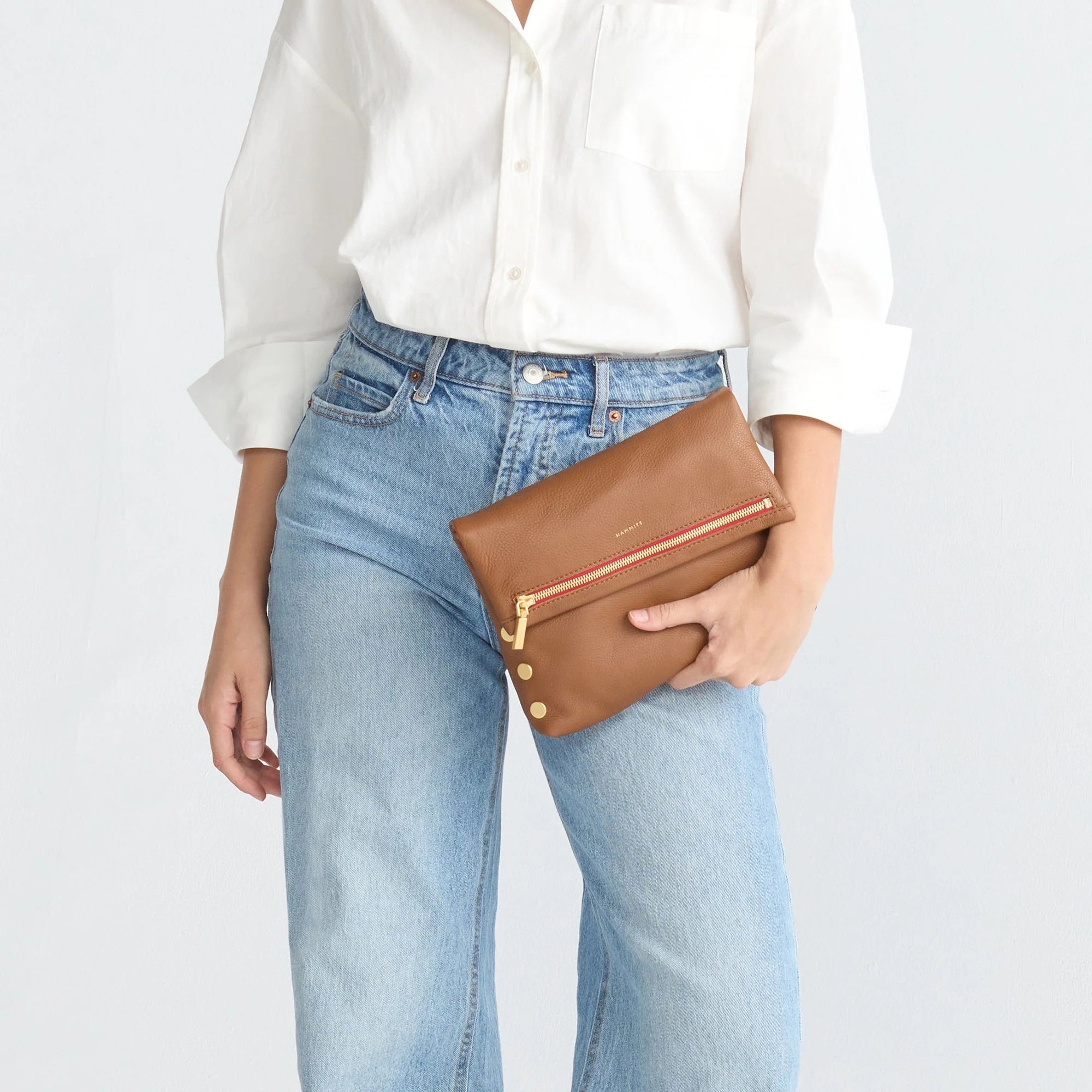 Hammitt VIP Med Crossbody Clutch mahogany pebble/brushed gold red zip