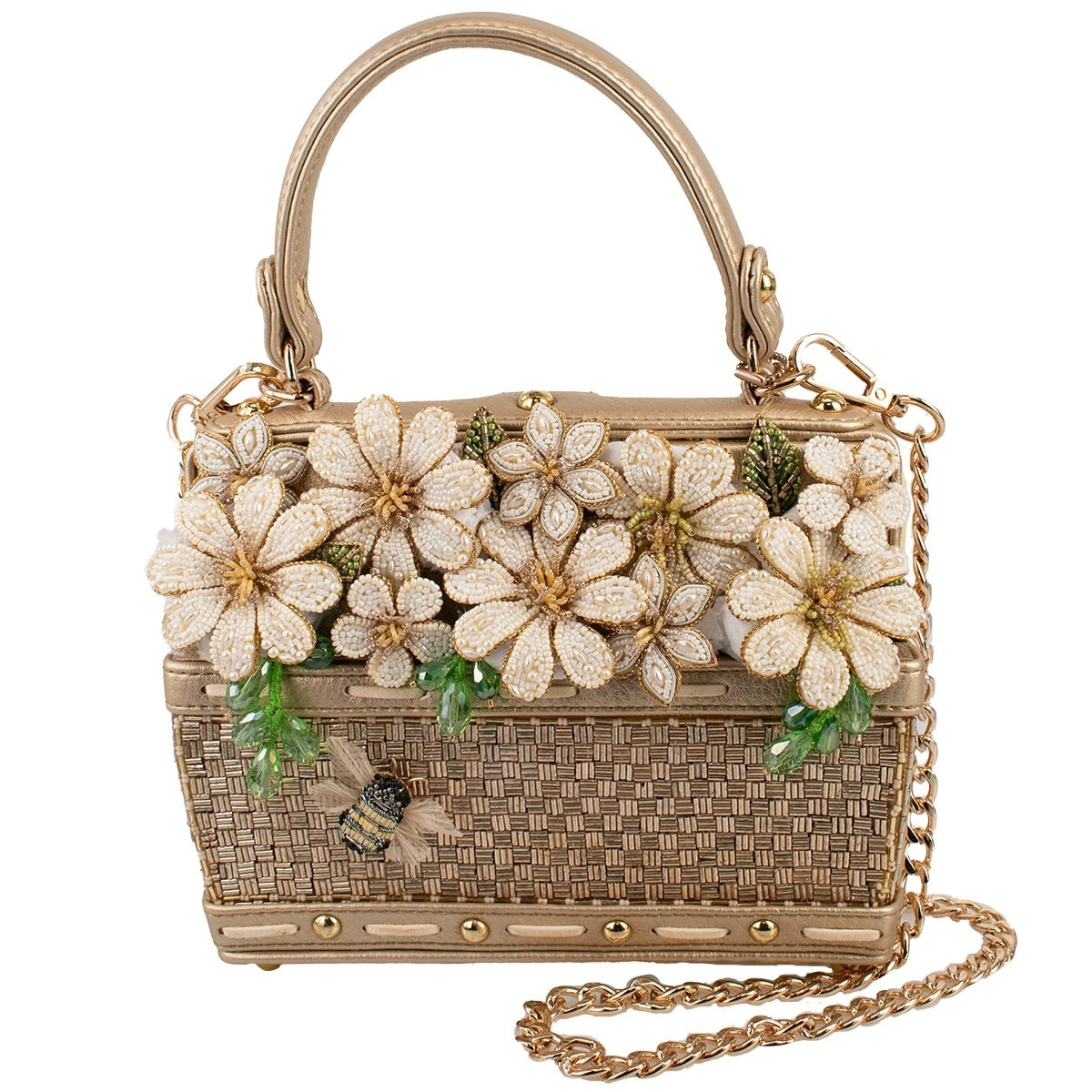 MARY FRANCES ビーズバッグ　パーティーバッグ Mary Frances Green & Gold Beaded Satin Patchwork Satchel With