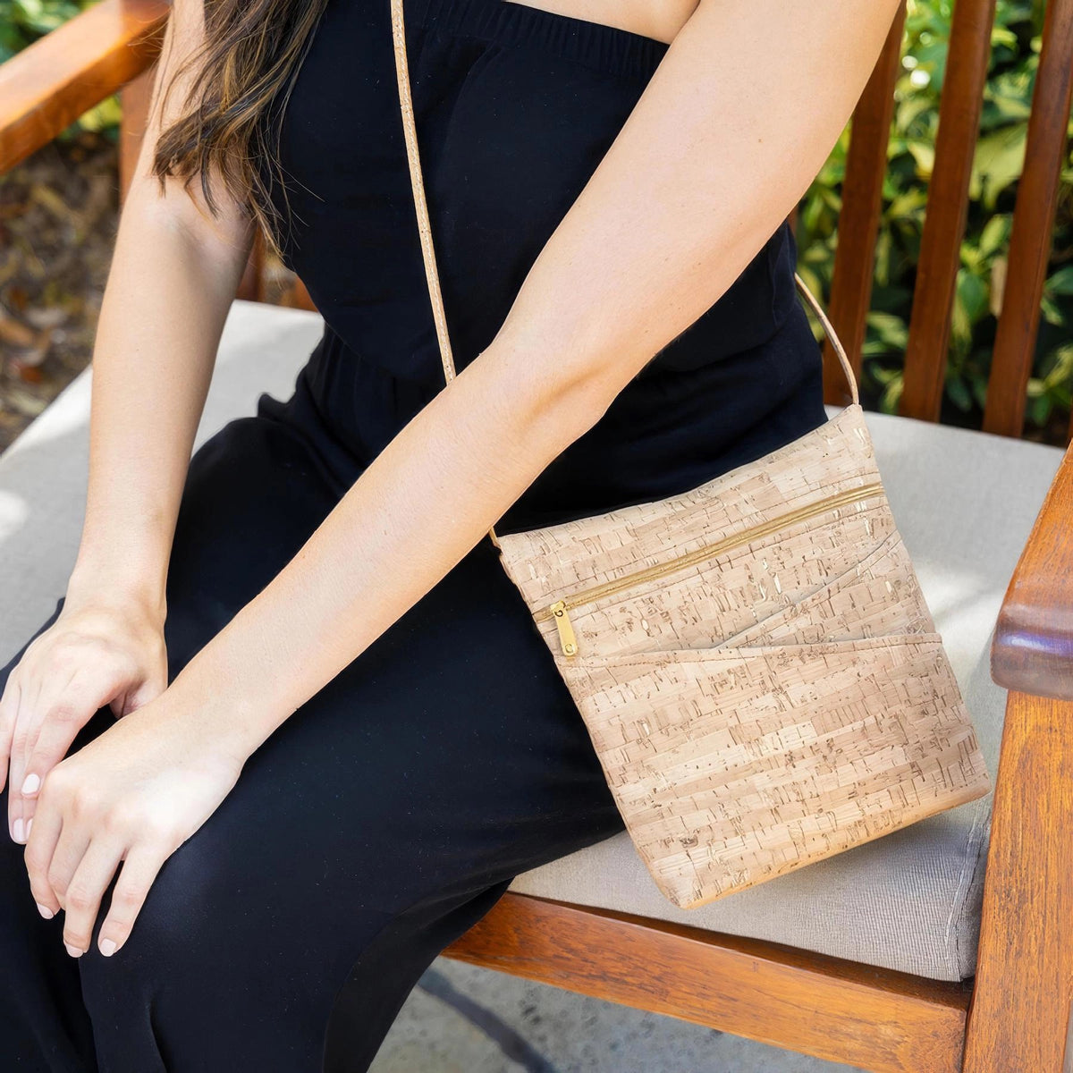 Natalie Therese Crossbody with Two Crisscross Pockets gold flecked cork