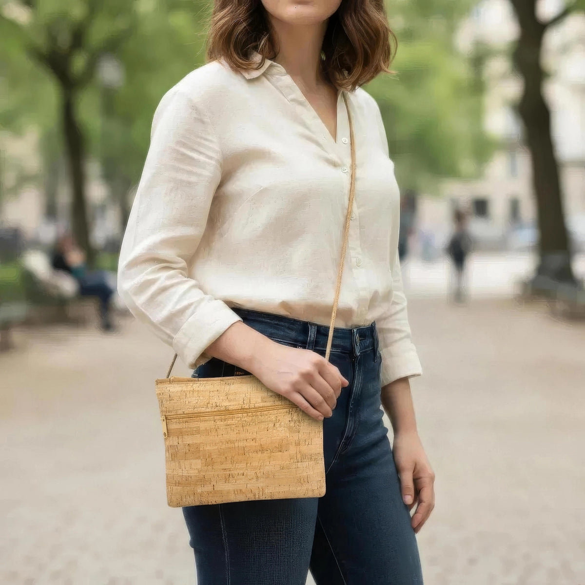 Natalie Therese Zip Top Crossbody with Zip Pocket rustic cork