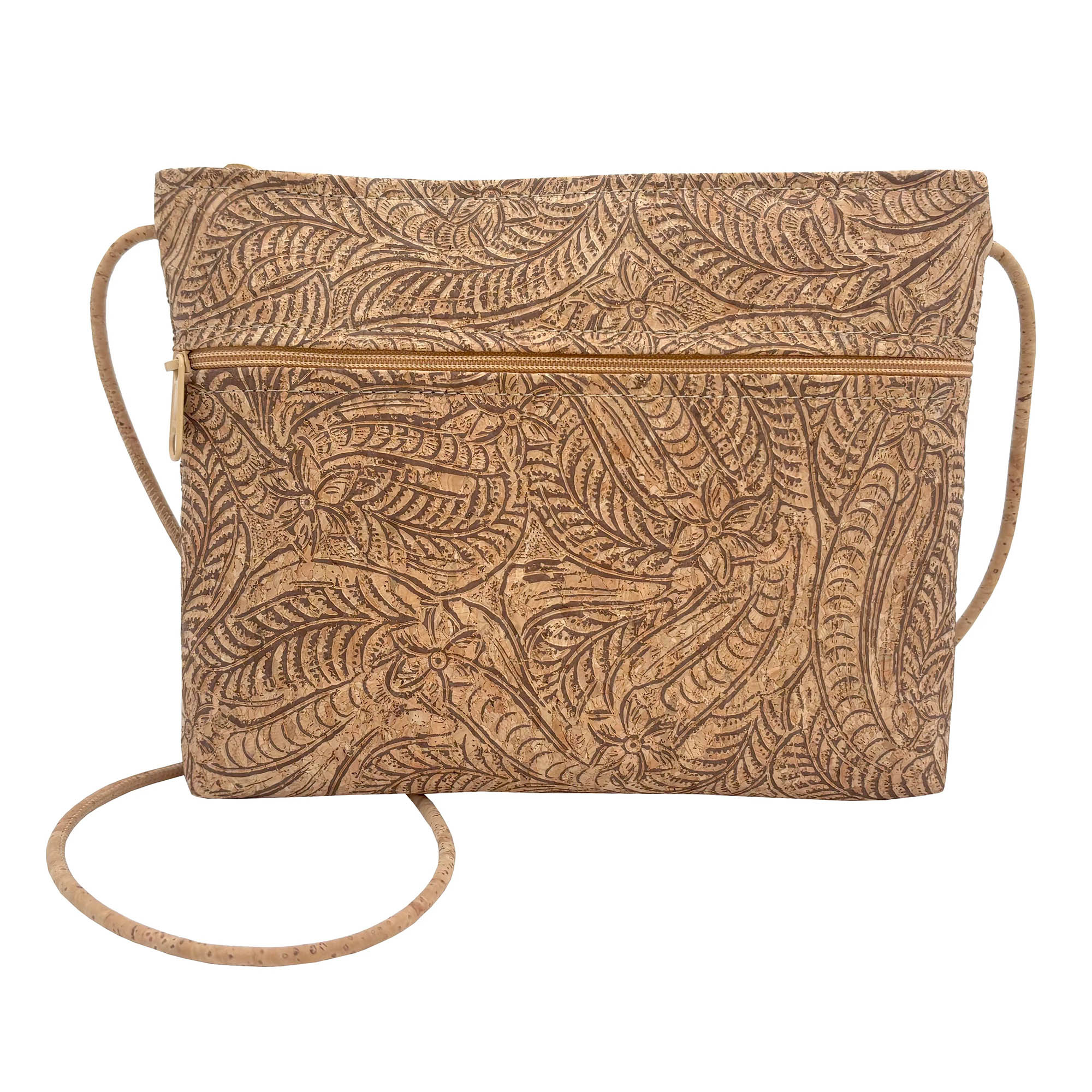 Natalie Therese Zip Top Crossbody with Zip Pocket paisley embossed cork