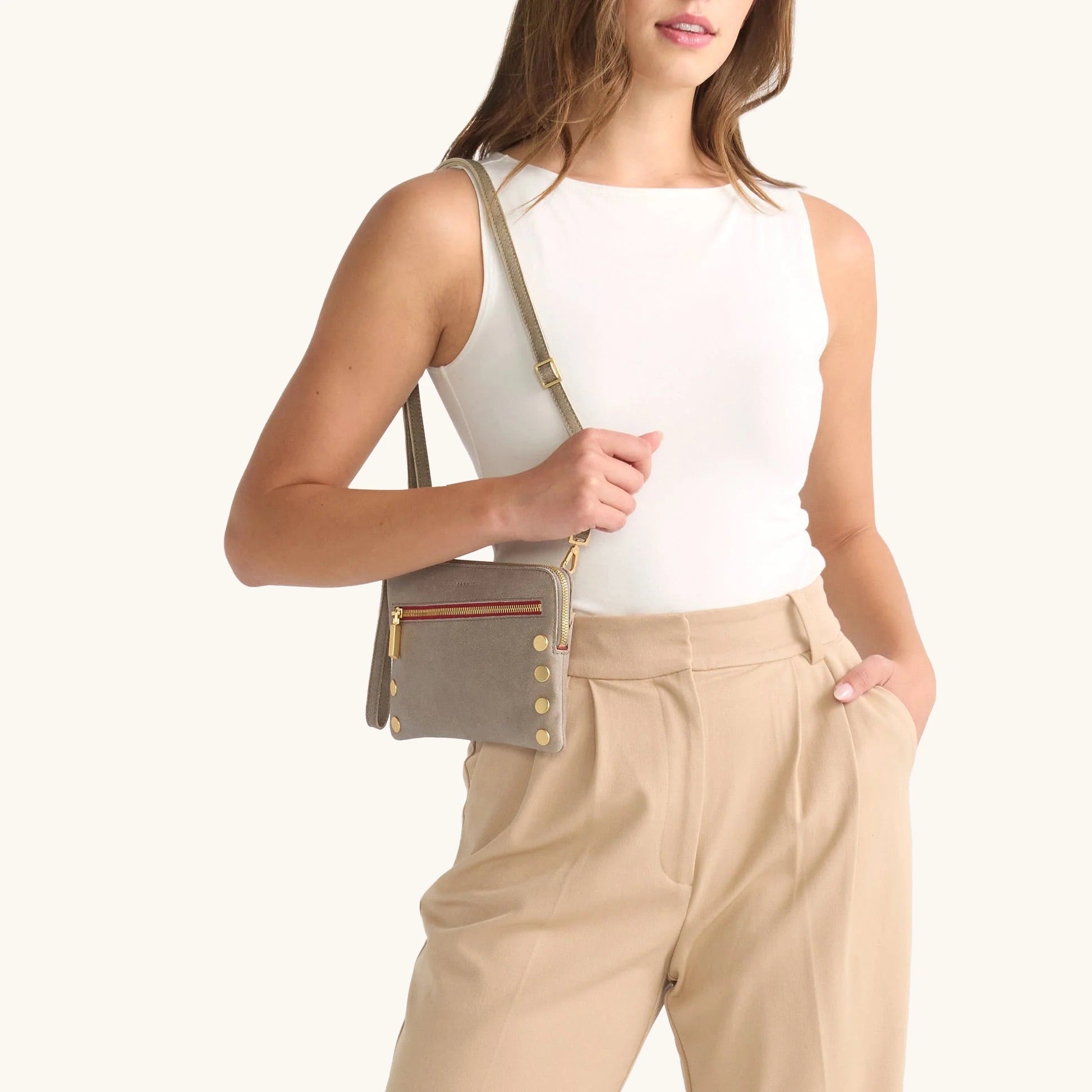 Hammitt Nash Sml Crossbody Wristlet pewter/brushed gold red zip