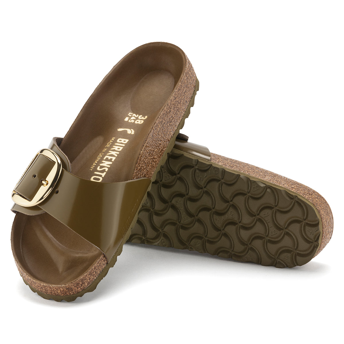 Birkenstock Limited Edition Madrid Big Buckle high shine mud green leather