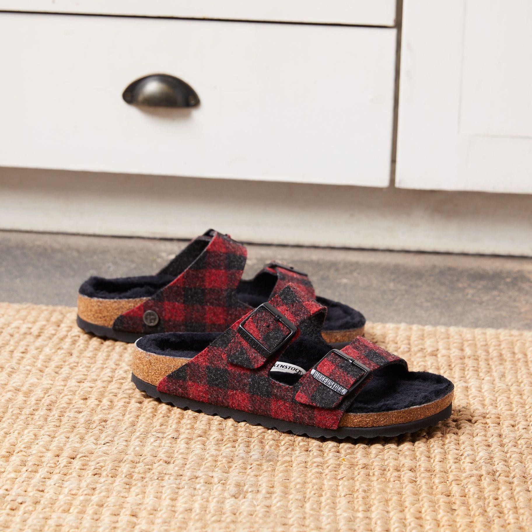 Birkenstock Limited Edition Arizona plaid red wool black shearling