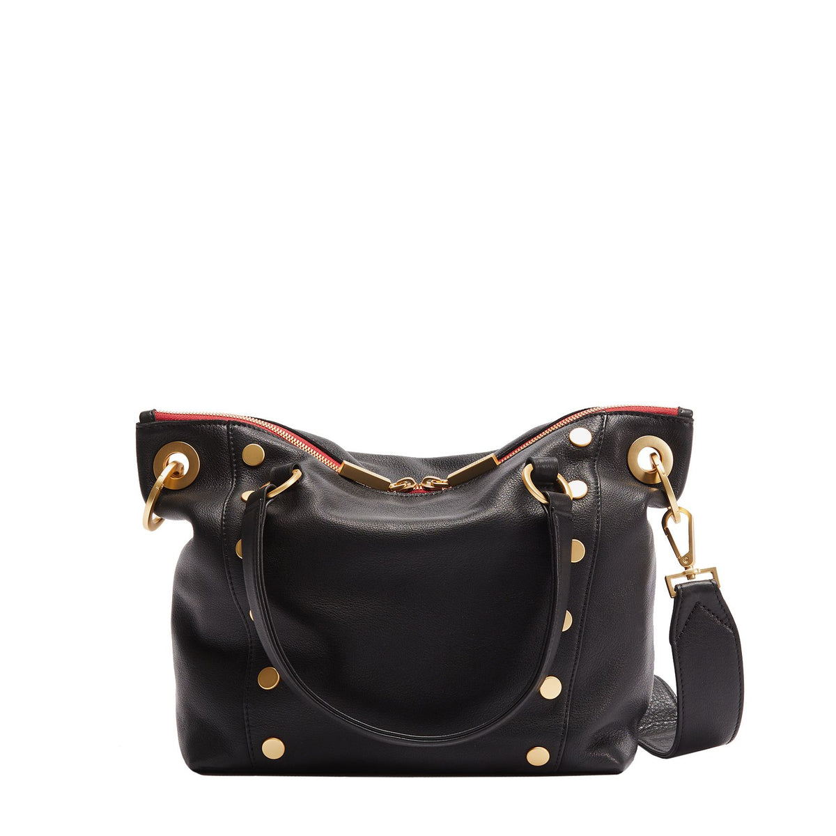 Hammitt Daniel Med Satchel black/brushed gold red zip