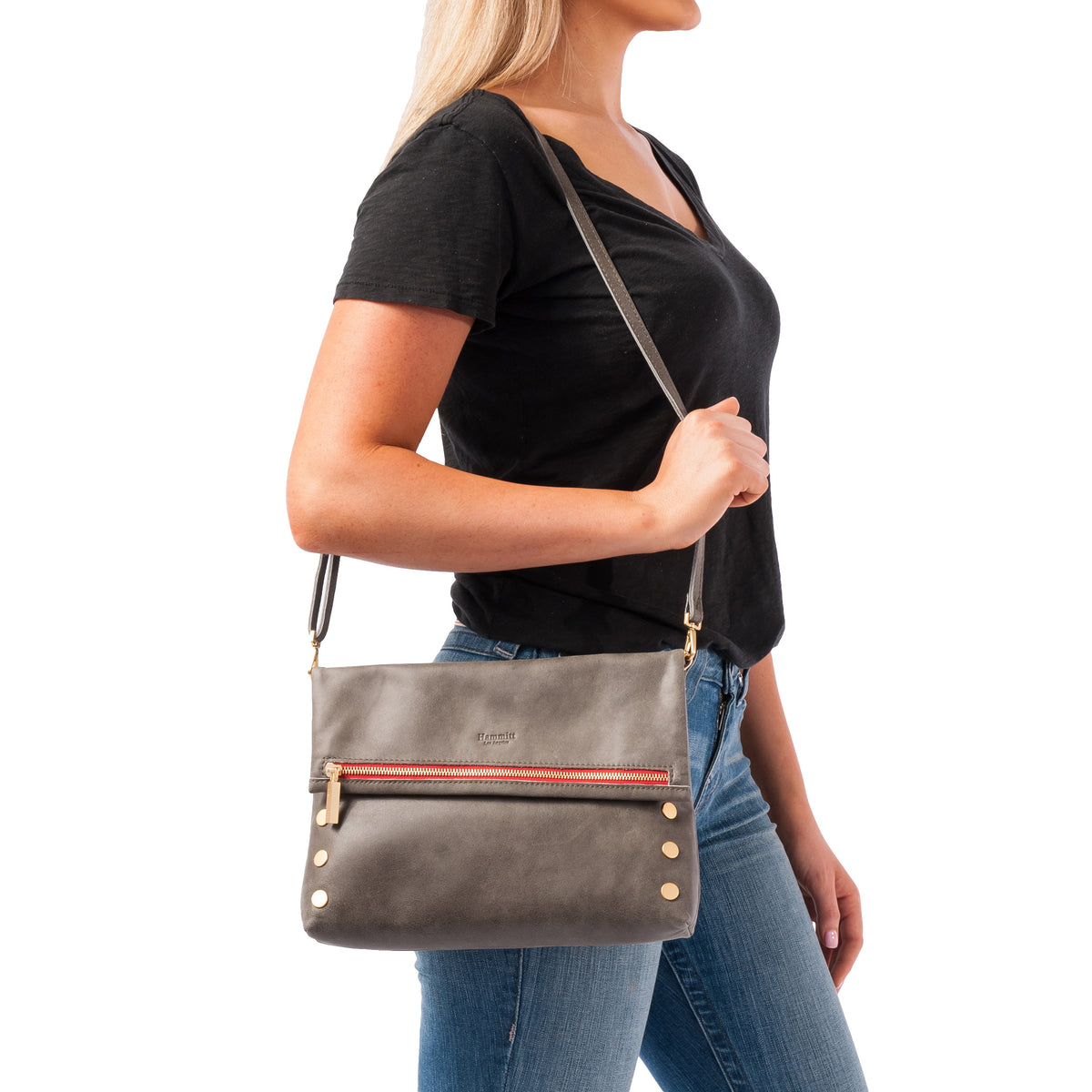 Hammitt VIP Lrg Crossbody Clutch pewter/brushed gold red zip